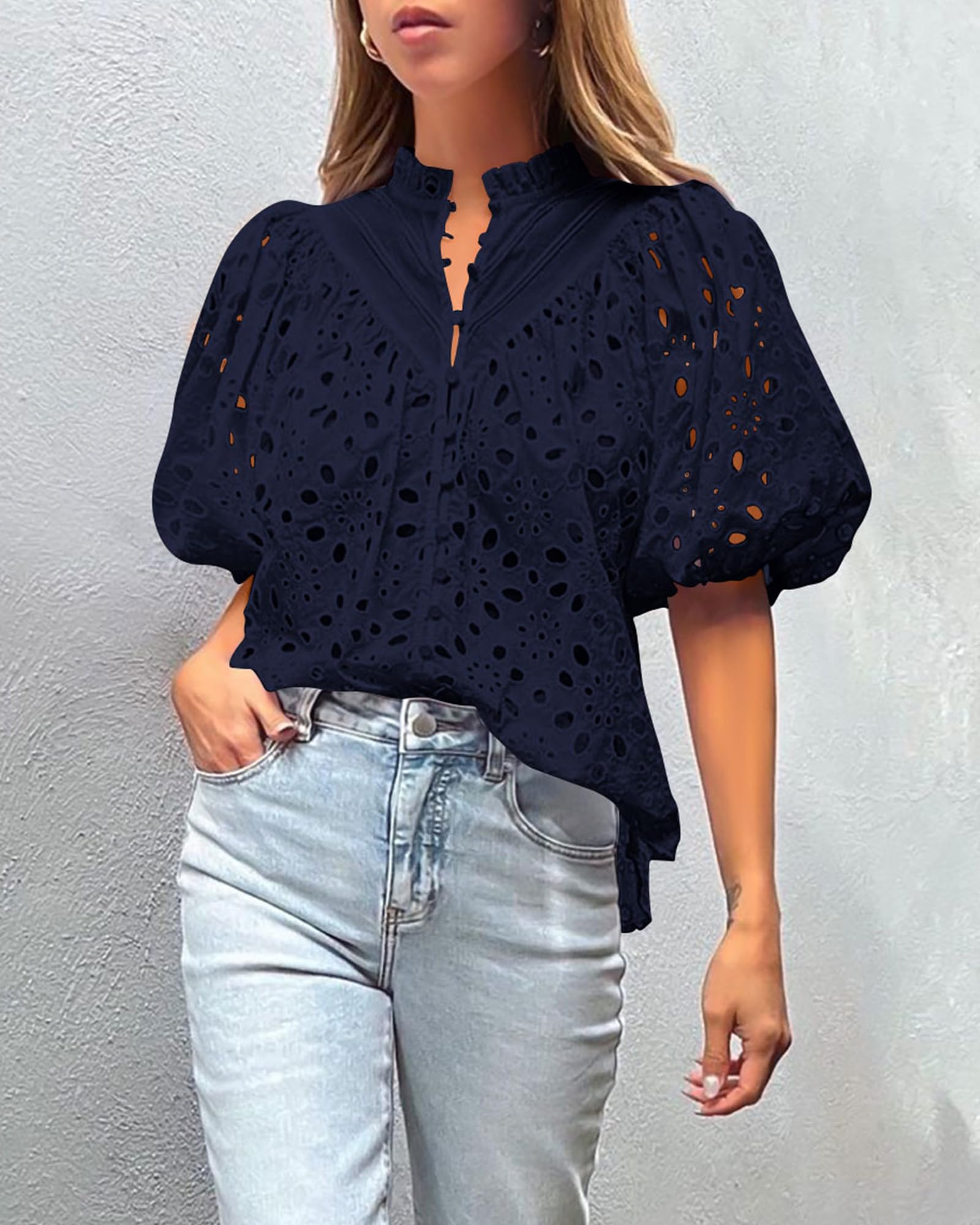 PRETTYGARDEN Women's Summer Tops Dressy Casual Short Sleeve V Neck Buttons Hollow Out Lace Embroidered Blouses Shirts