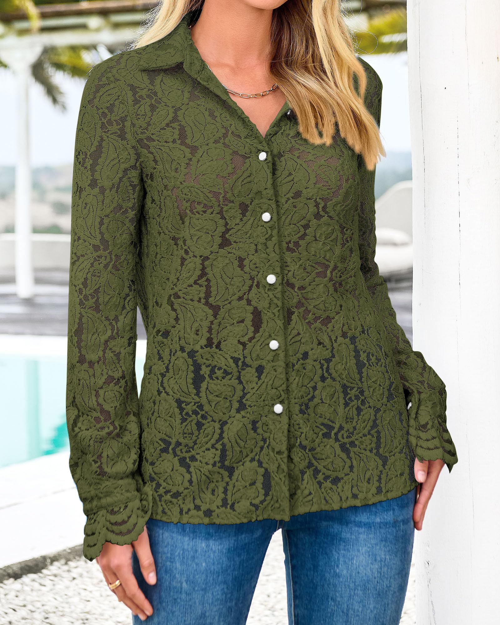 FreshPretty Long Sleeve Lace Blouses for Women Spring Dressy Casual Button Down Shirts Date Night Outfit Club Party Tops