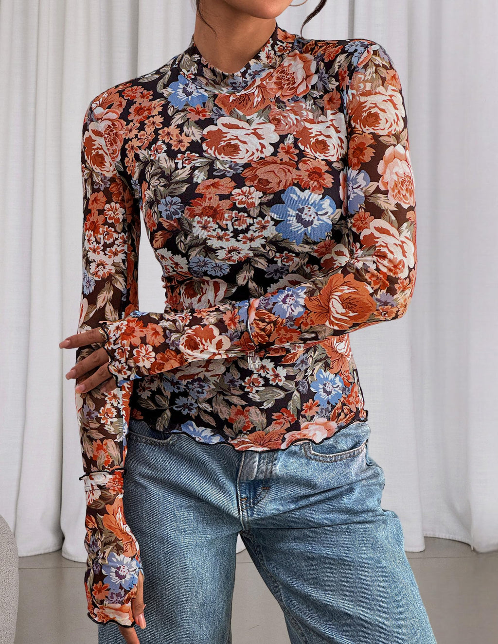 PRETTYGARDEN Womens Fall Mesh Floral Blouses Long Sleeve Going Out Tops Slim Fitted Shirts Date Night Outfits