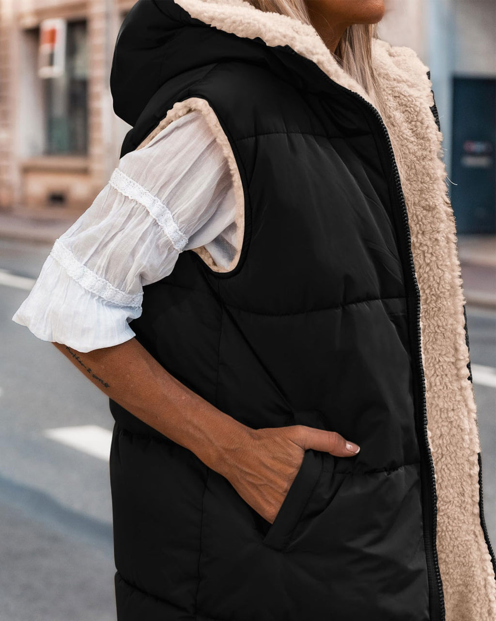 BTFBM Long Puffer Vest Women Fleece Sherpa Jacket Sleeveless Hooded Reversible Zip Up Winter Coat Fall Vests Outerwear