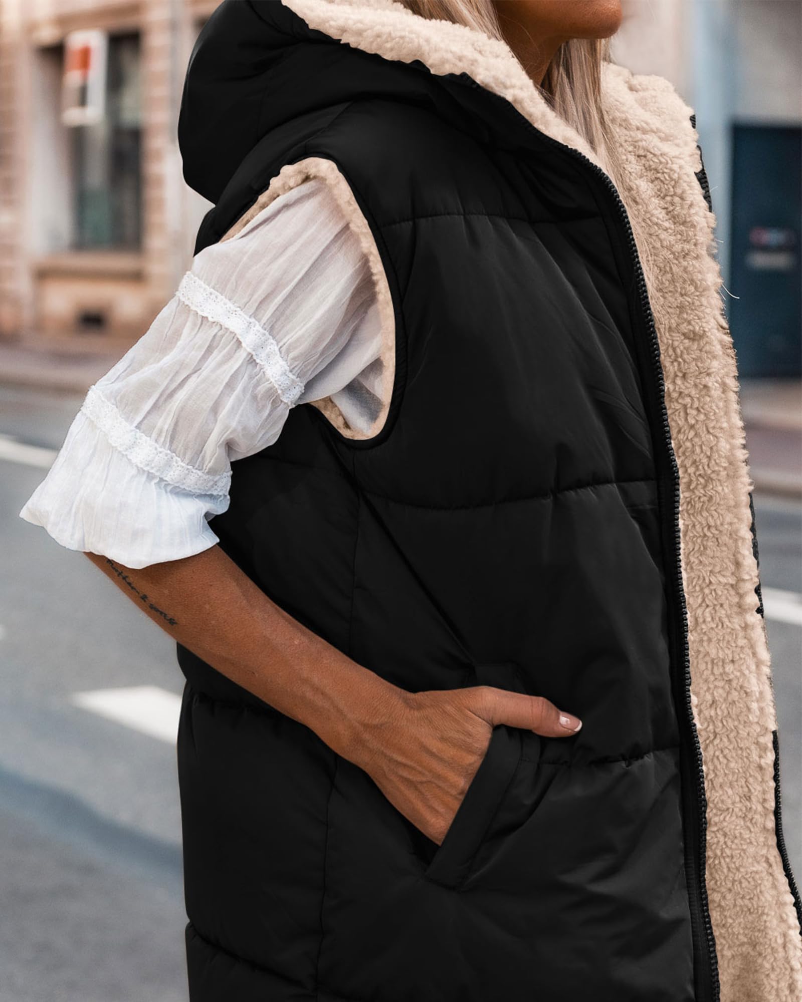 BTFBM Long Puffer Vest Women Fleece Sherpa Jacket Sleeveless Hooded Reversible Zip Up Winter Coat Fall Vests Outerwear