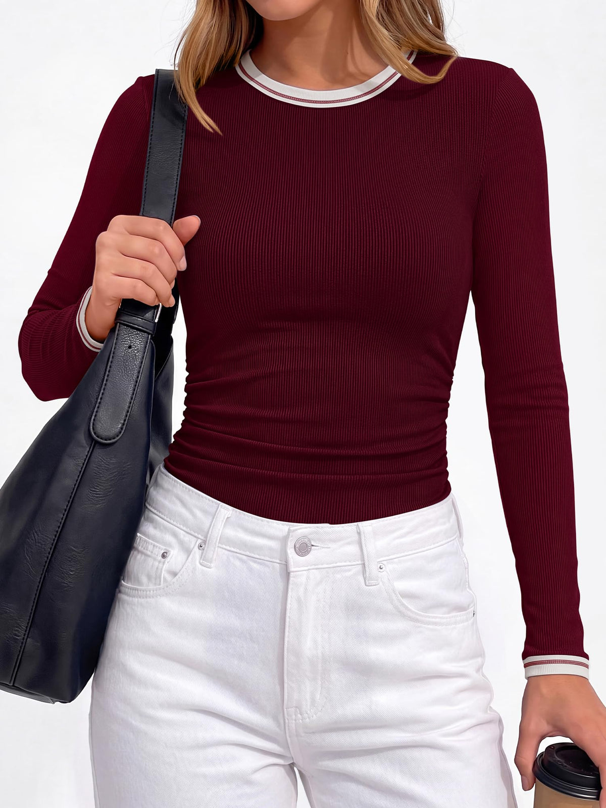 BTFBM Ribbed Long Sleeve Shirts for Women Fitted Underscrub Contrasting Crew High Neck, Ruched Side, Y2k Going Out Tops, Date Night Outfit, Work Top, Winter Fall Fashion Clothing