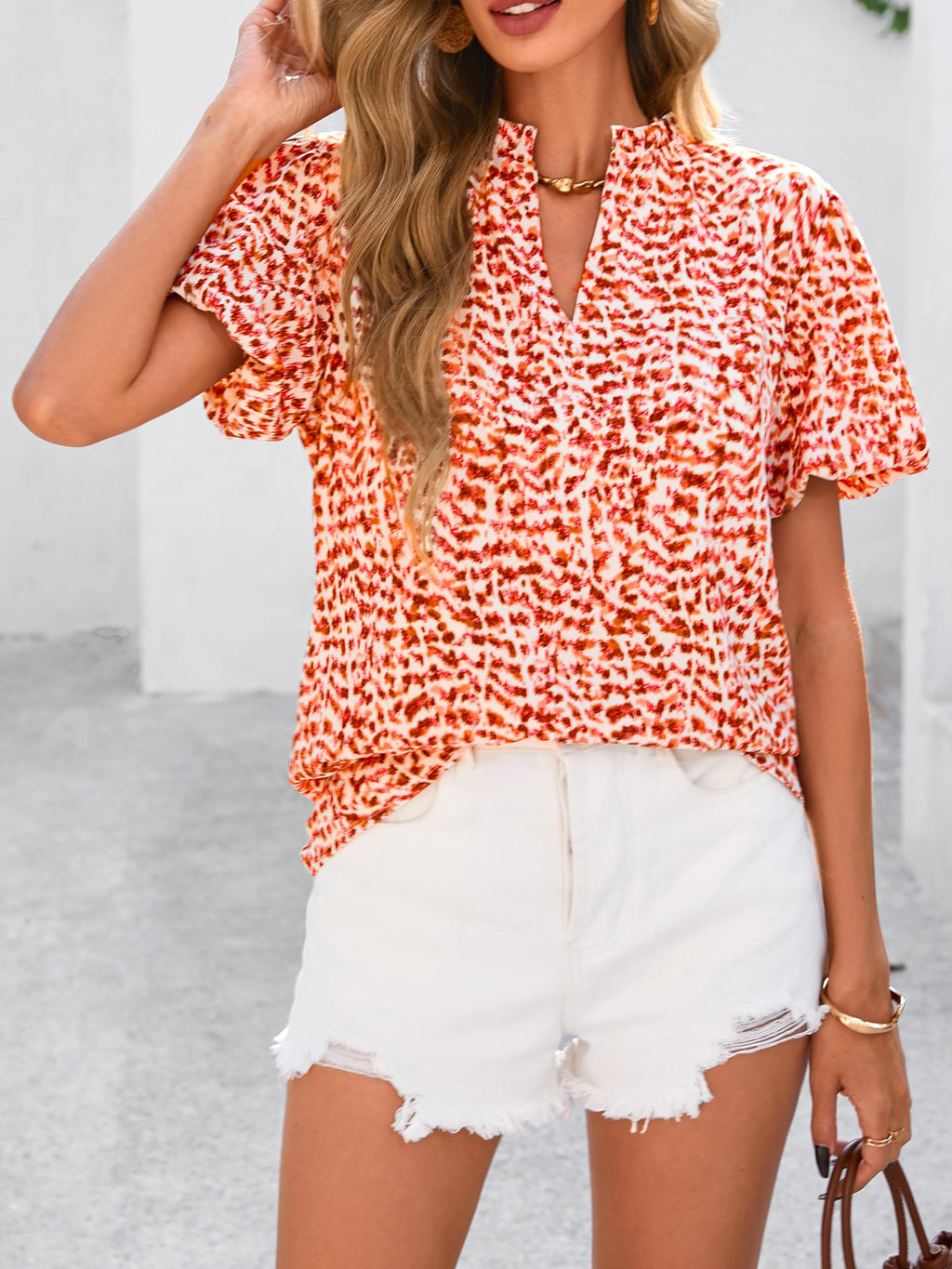 PRETTYGARDEN Boho Short Sleeve Floral Work Blouses for Women Dressy Casual V Neck Puff Sleeve Loose Chiffon Flowy Tops Shirts