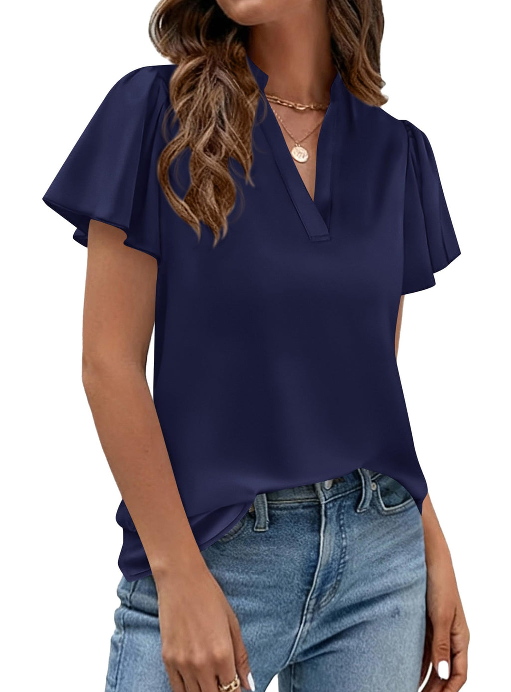 PRETTYGARDEN Women's Summer Satin Blouses Dressy Casual Ruffle Cap Sleeve V Neck Business Work Cute Tops Spring Outfits