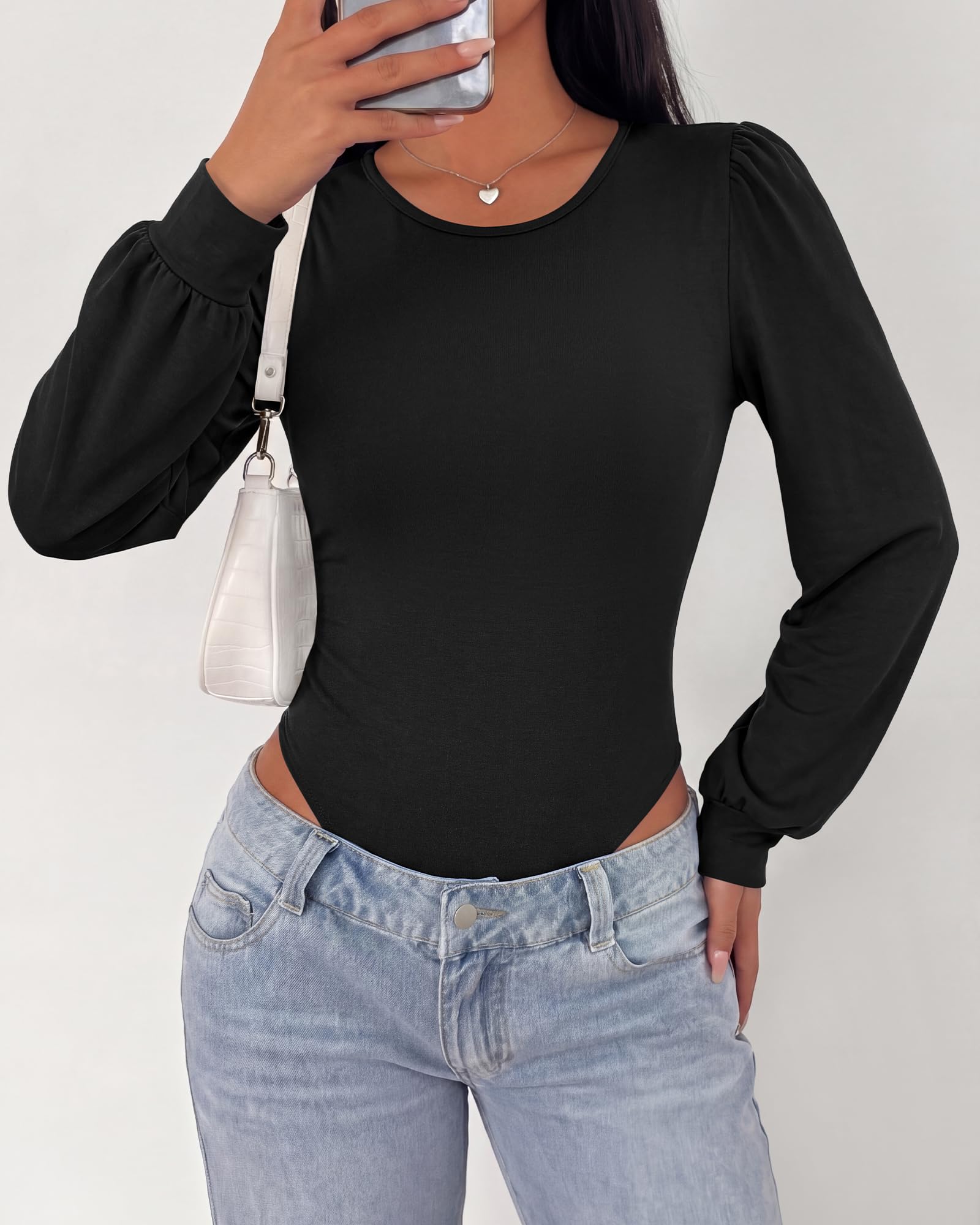 BTFBM Long Puff Sleeve Bodysuits for Women | Crew Neck 2 Snap Crotch Thong Shapewear,Stretchy Knit Leotards,Casual Y2K Going Out Tops,Winter Layer,Fall Fashion Clothing