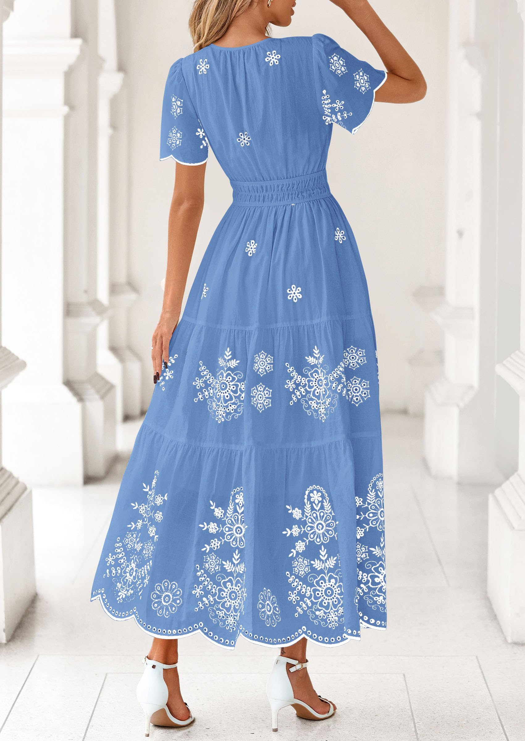 PRETTYGARDEN Boho Dresses for Women Summer Spring Casual Floral Short Sleeve V Neck Maxi Elastic Waist Dress Pockets