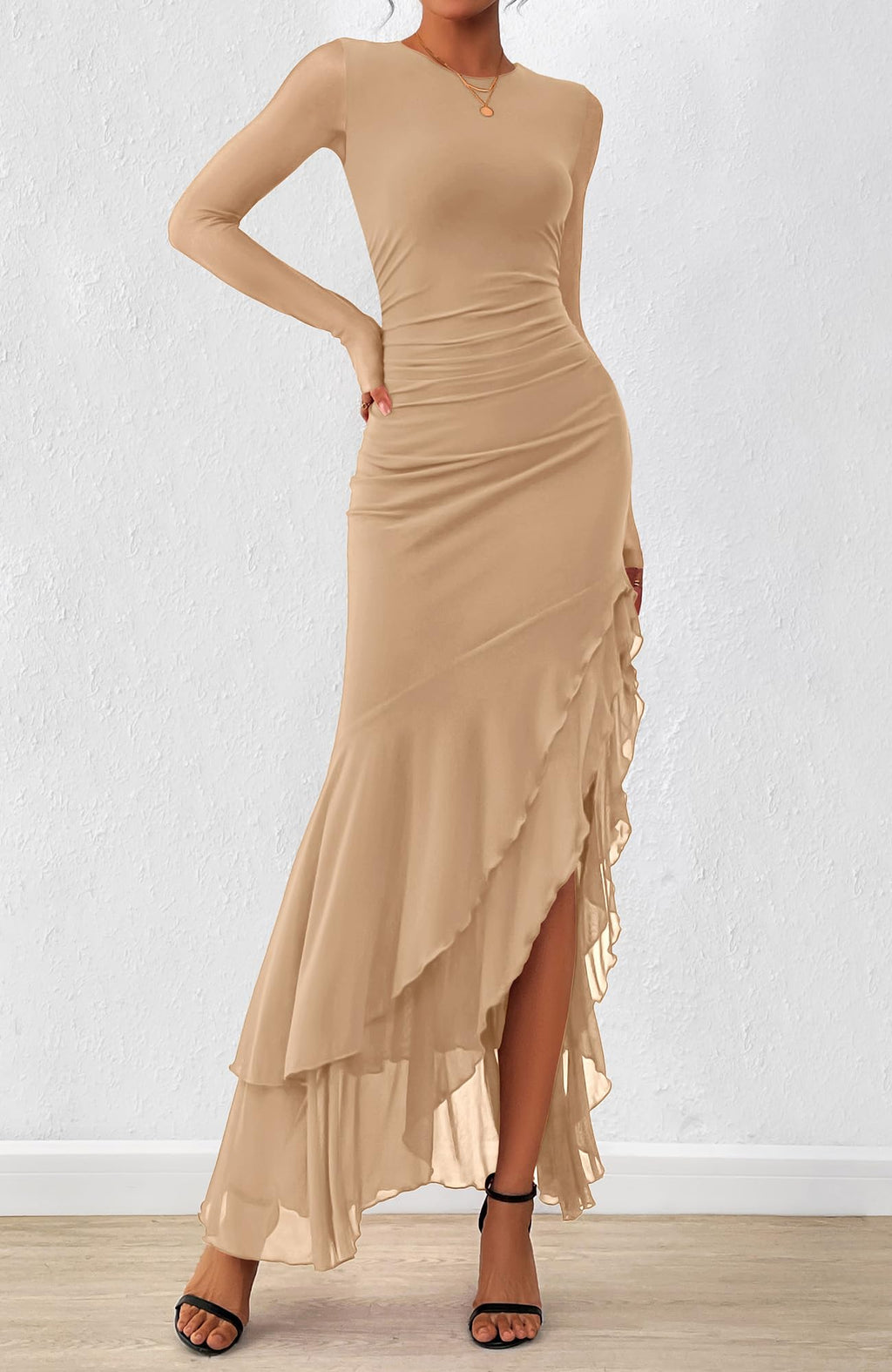 BTFBM Women's Maxi Dresses Fall Long Sleeve Wedding Guest Dress Mesh,Ruched,Bodycon,High Split,Solid Color,Ruffle, Mermaid,Cocktail Dresses,Prom,Party,Homecoming Dress,Fall Outfits