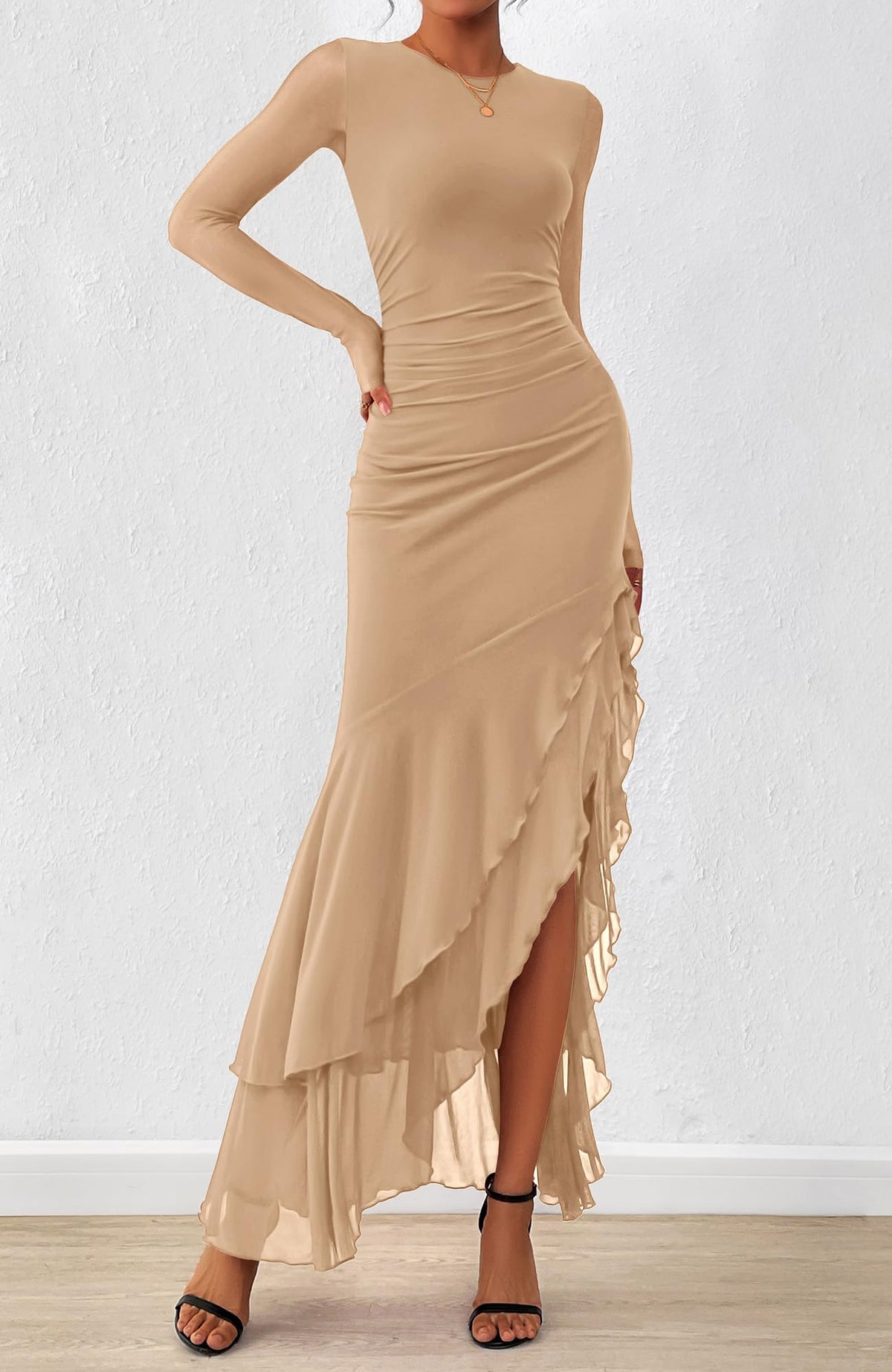 BTFBM Women's Maxi Dresses Fall Long Sleeve Wedding Guest Dress Mesh,Ruched,Bodycon,High Split,Solid Color,Ruffle, Mermaid,Cocktail Dresses,Prom,Party,Homecoming Dress,Fall Outfits