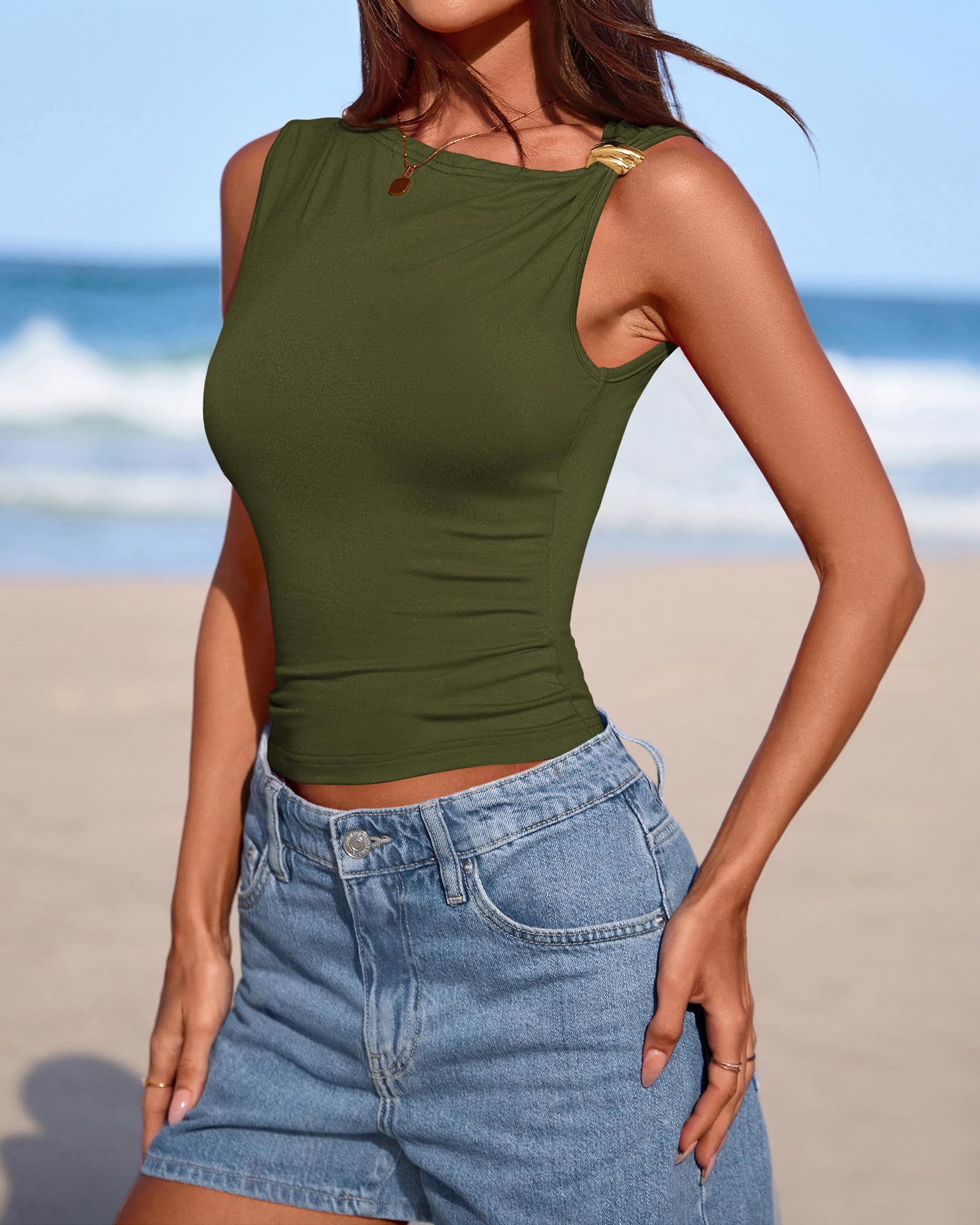 FreshPretty Spring Tops for Women Asymmetrical Neck Sleeveless Going Out Summer Outfits Casual Ruched Y2k Tank Top Clothes