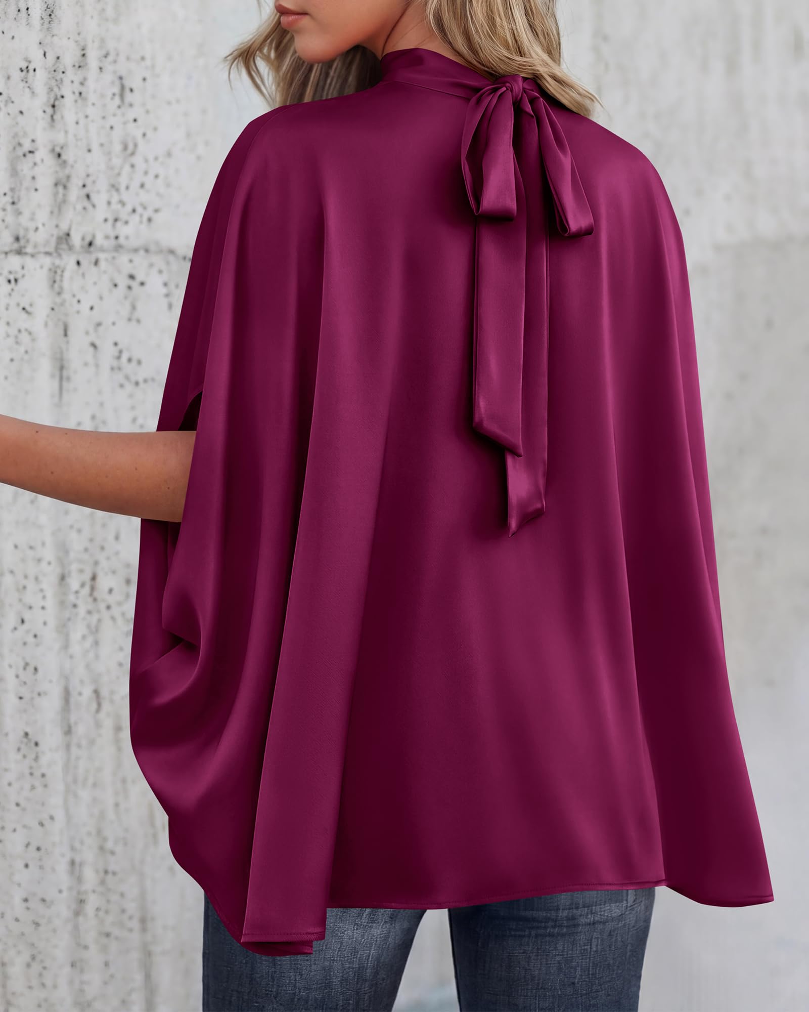 BTFBM Womens Summer Tops Mock Neck Batwing Sleeve Silk Satin Shirts Loose Oversized Dressy Casual Spring Blouses