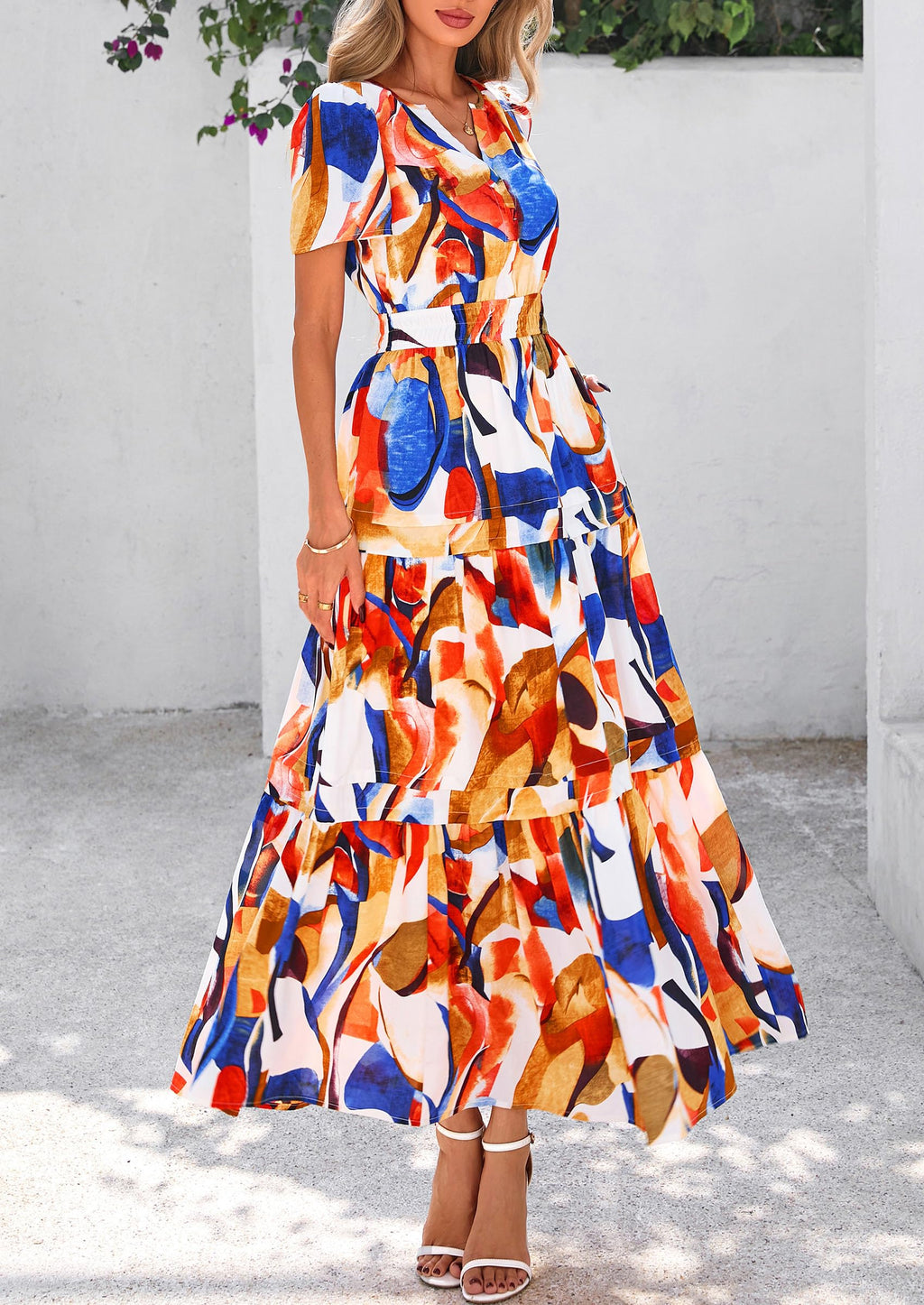 PRETTYGARDEN Summer Maxi Dresses for Women  Casual V Neck Puff Short Sleeve Smocked Flowy Beach Boho Long Floral Dress