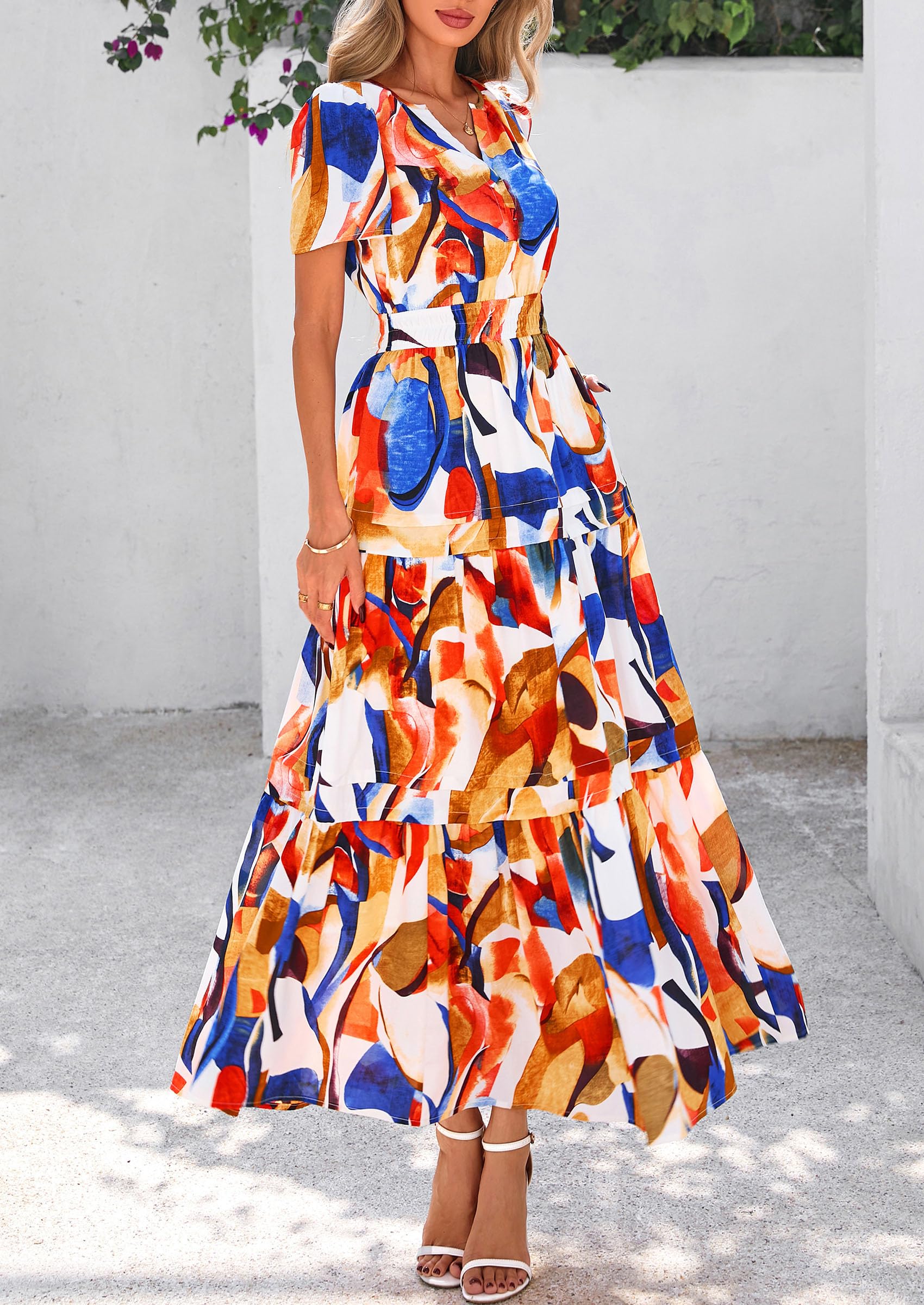 PRETTYGARDEN Summer Maxi Dresses for Women  Casual V Neck Puff Short Sleeve Smocked Flowy Beach Boho Long Floral Dress