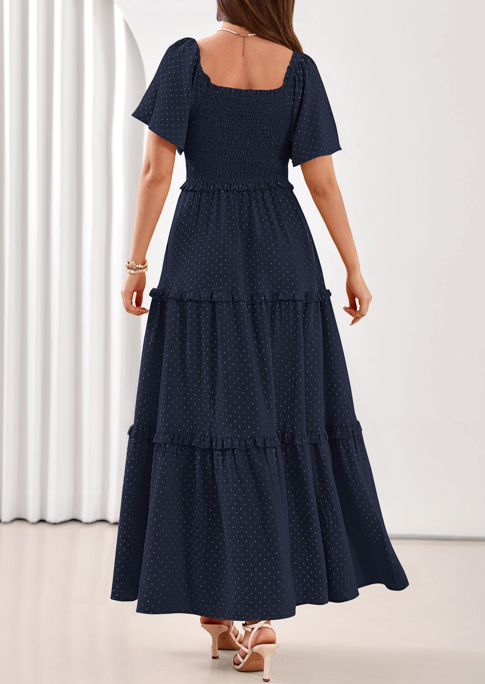 PRETTYGARDEN Summer Dresses for Women Boho Swiss Dot Smocked Square Neck Short Sleeve Spring Wedding Guest Maxi Dress