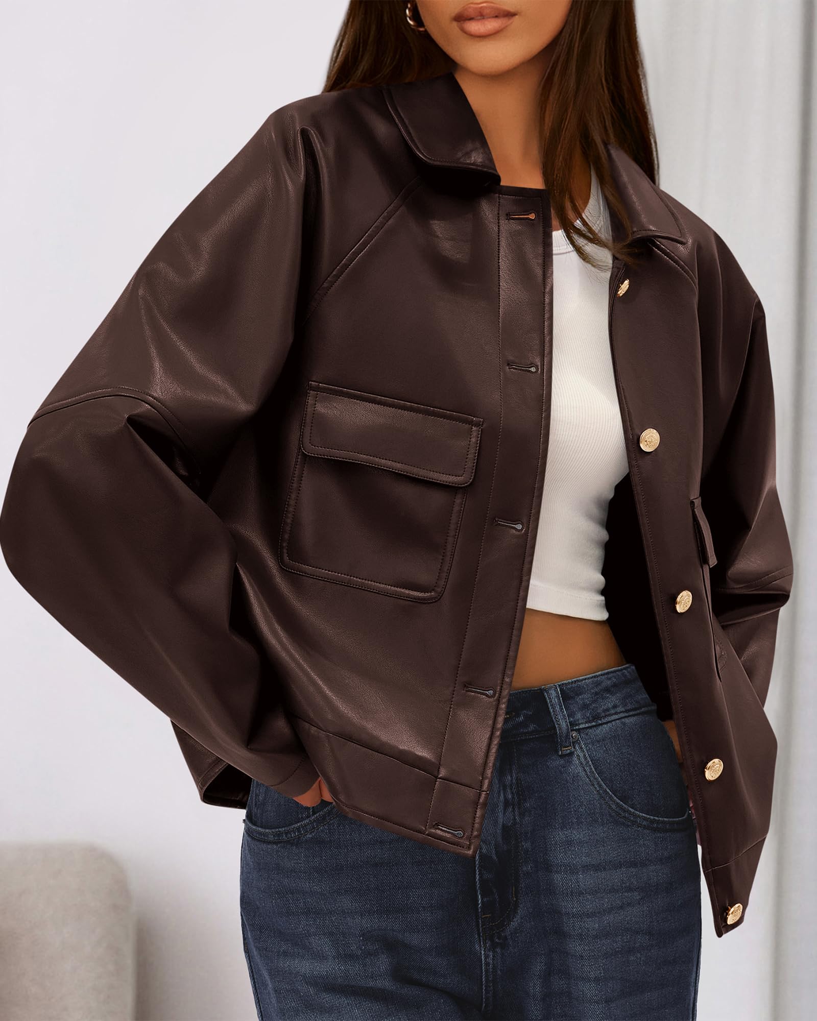 FreshPretty Leather Jacket Women Fall Clothes Long Sleeve Button Down Winter Coats Oversized Motorcycle Outwear