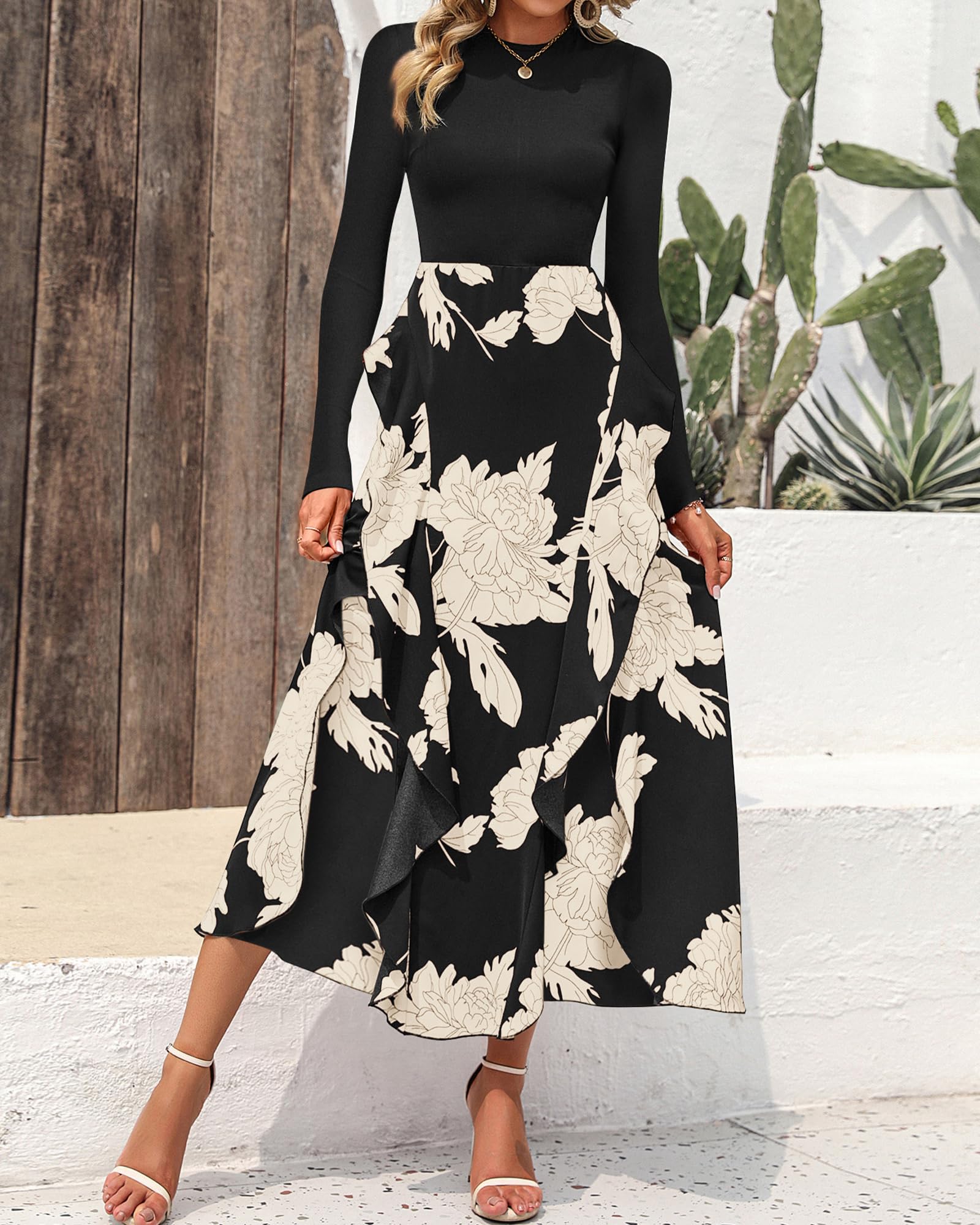 FreshPretty Womens Floral Maxi Dress Fall Casual Crewneck Long Sleeve Ruffle Flowy Cocktail Wedding Guest Dresses