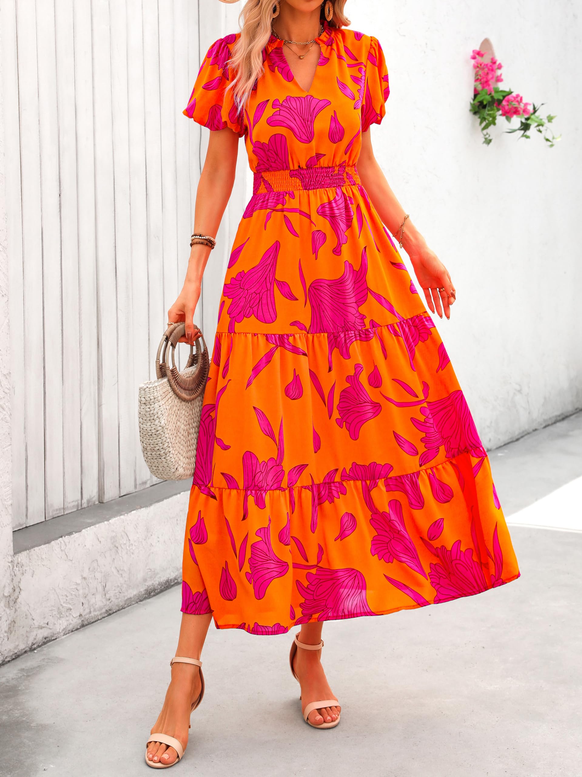 PRETTYGARDEN Summer Maxi Dresses for Women  Casual V Neck Puff Short Sleeve Smocked Flowy Beach Boho Long Floral Dress