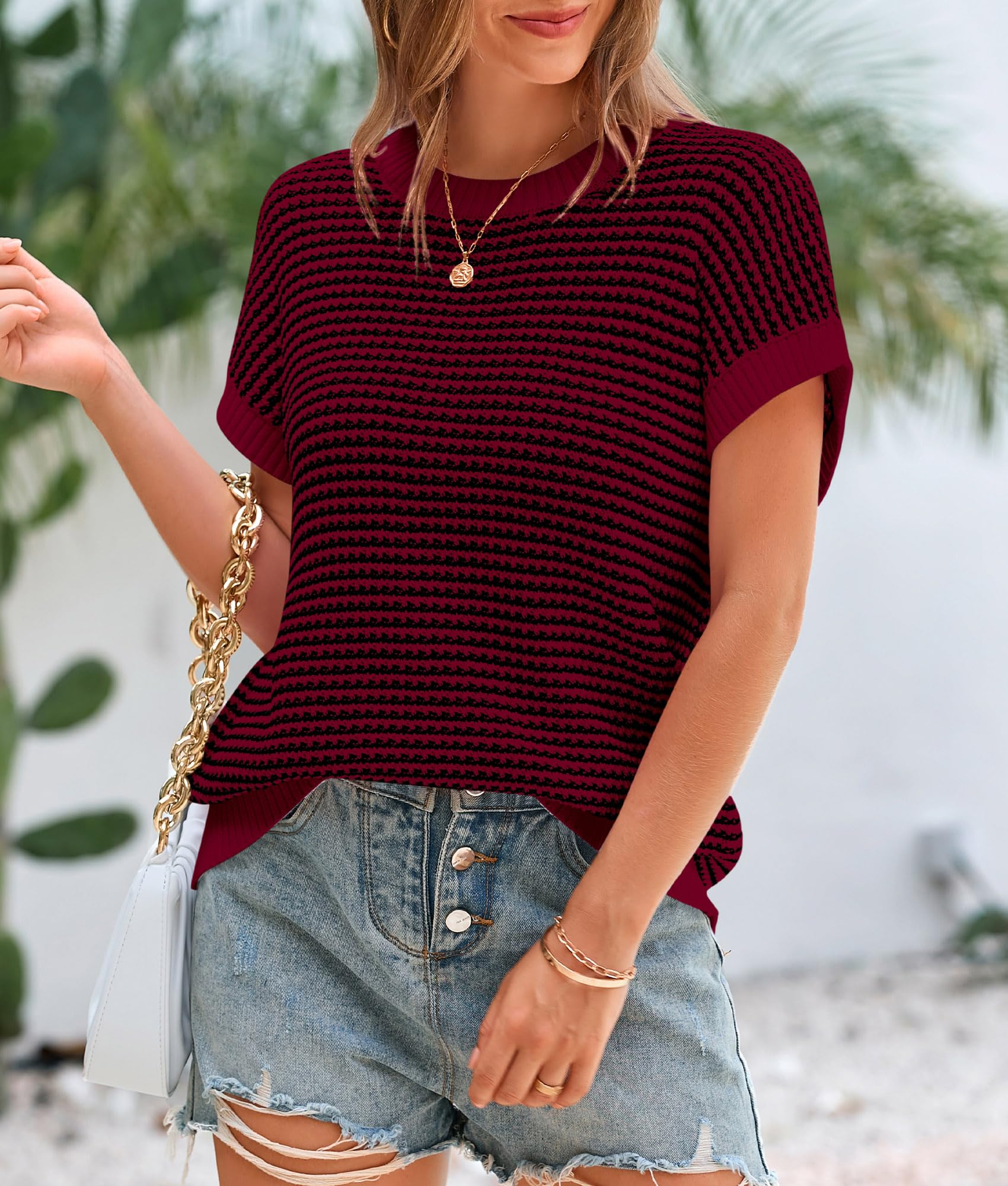 PRETTYGARDEN Womens Short Sleeve Sweater Spring Summer Round Neck Striped Pullover Cap Sleeve Knit Sweater Vest Tops