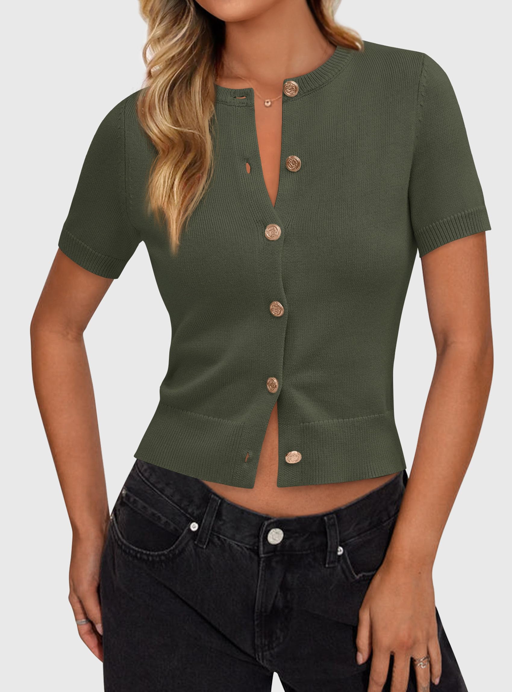 PRETTYGARDEN Womens Casual Summer Short Sleeve Cardigans Button Down Knitted Sweater Basic Crew Neck Crop Tops
