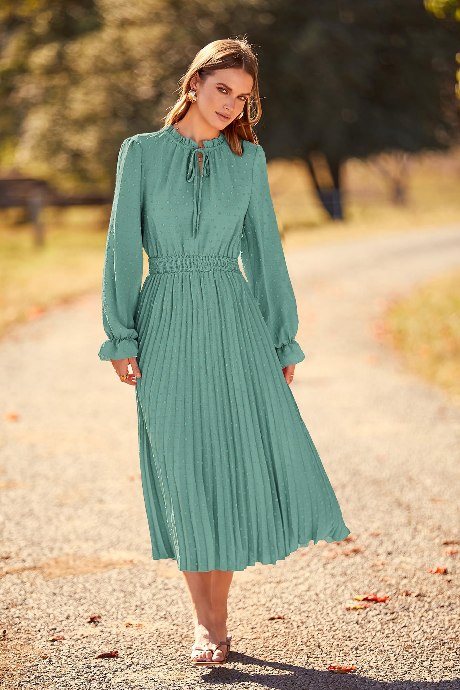 PRETTYGARDEN Women's Spring Fall Midi Dress Casual Long Sleeve V Neck Swiss Dot Pleated A Line Flowy Dresses