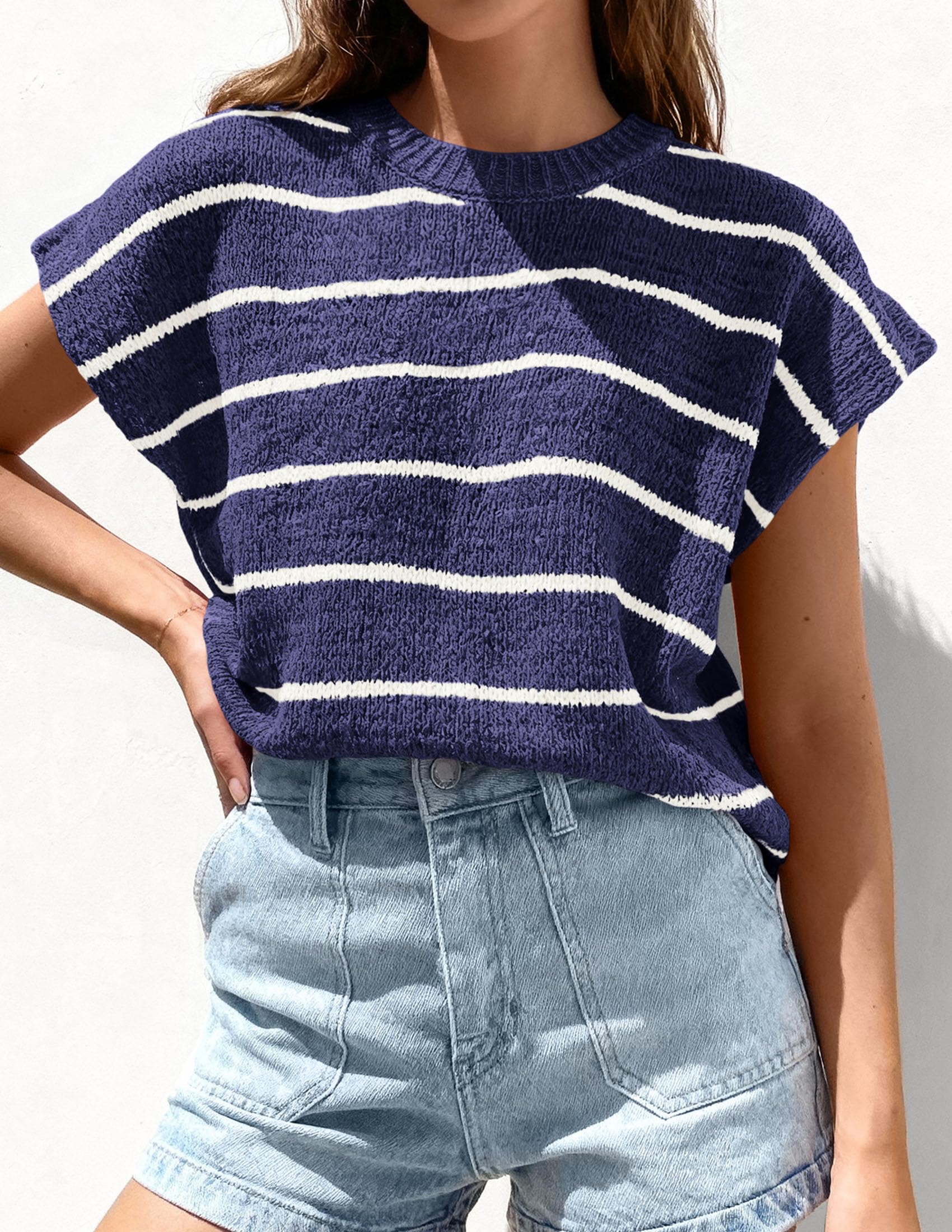 PRETTYGARDEN Womens Summer Short Sleeve Tops Trendy Crew Neck Striped Knit Sweater Business Casual Spring Clothes