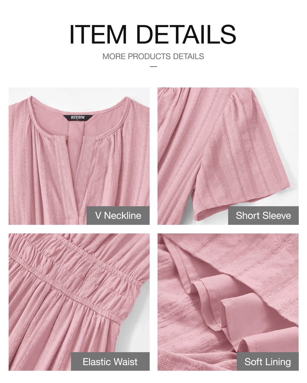 FreshPretty Womens Summer Casual Midi Maxi Dresses Lightweight Short Sleeve V Neck Elastic Waist Boho Beach Dress Pockets