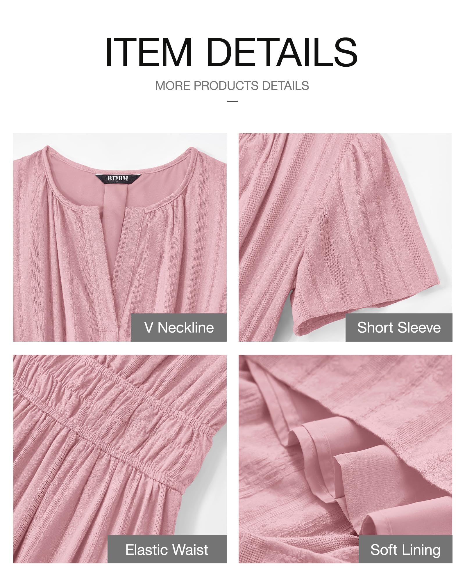 FreshPretty Womens Summer Casual Midi Maxi Dresses Lightweight Short Sleeve V Neck Elastic Waist Boho Beach Dress Pockets