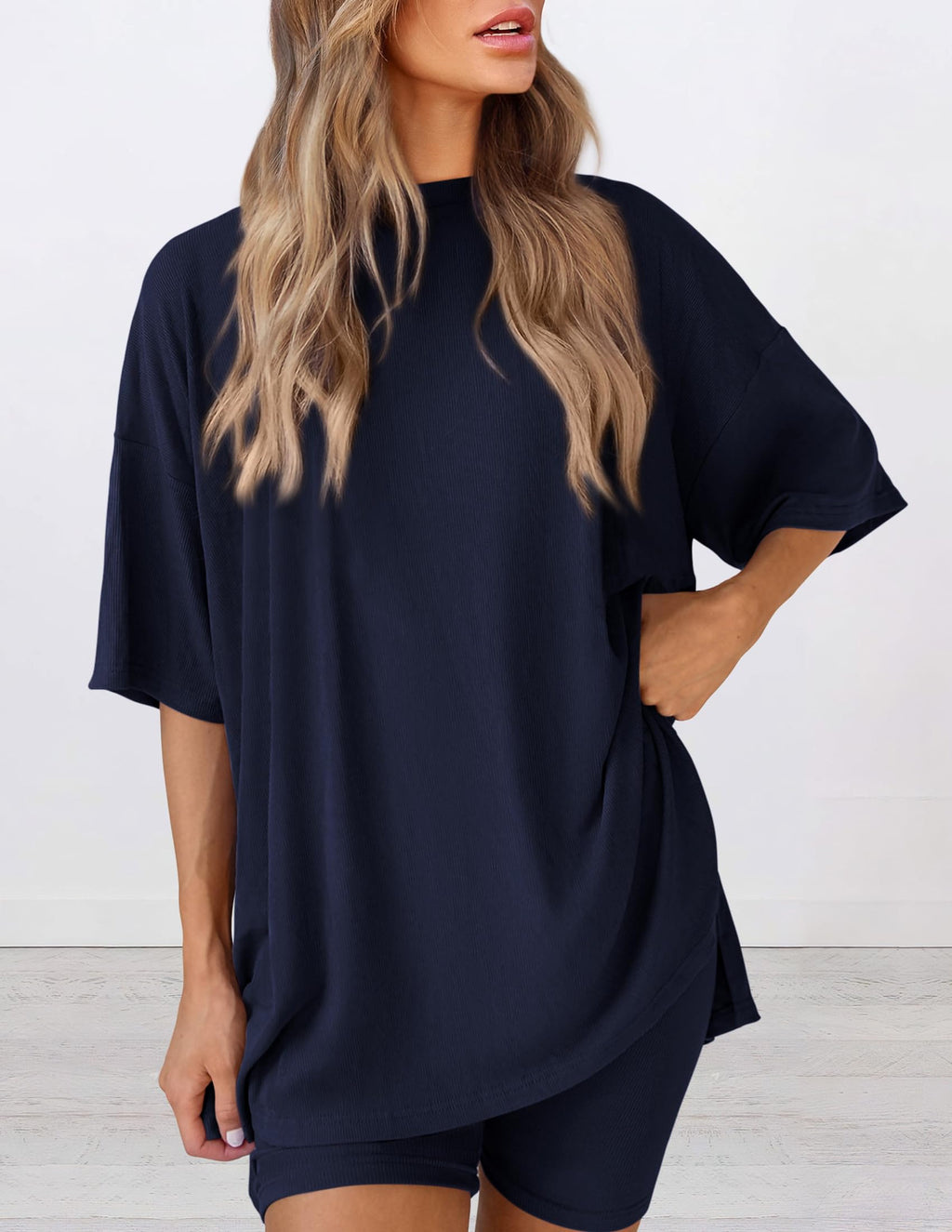 PRETTYGARDEN Women's Two Piece Lounge Set Summer Casual Oversized Shirts Biker Shorts Matching Airport Travel Outfit