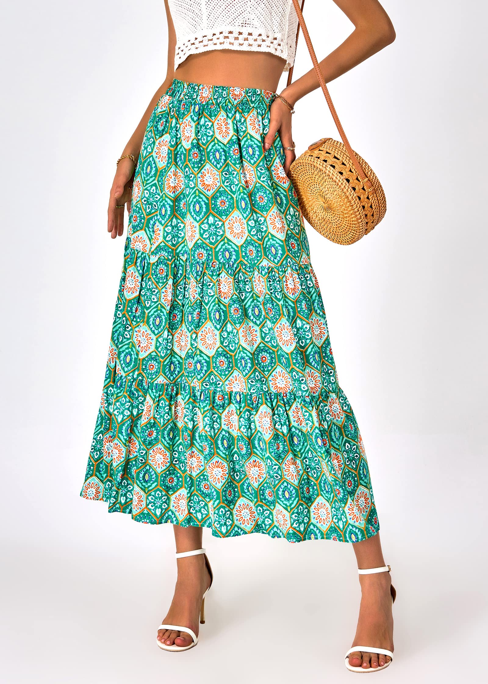 FreshPretty Women Summer Fall Boho Long Skirts Dress Floral Print Elastic Waist Split Ruffle High Low Beach Maxi Skirt