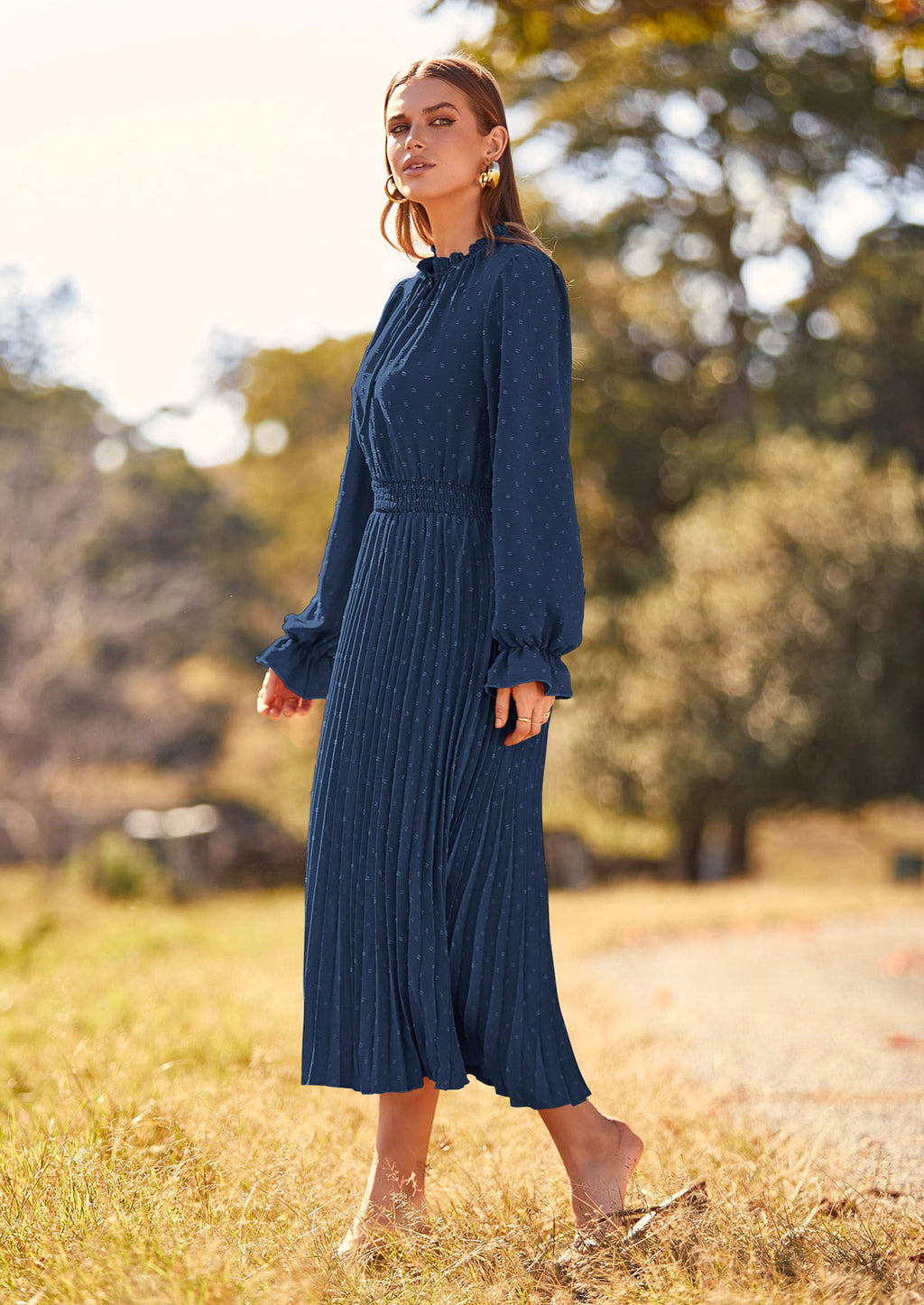 PRETTYGARDEN Women's Spring Fall Midi Dress Casual Long Sleeve V Neck Swiss Dot Pleated A Line Flowy Dresses