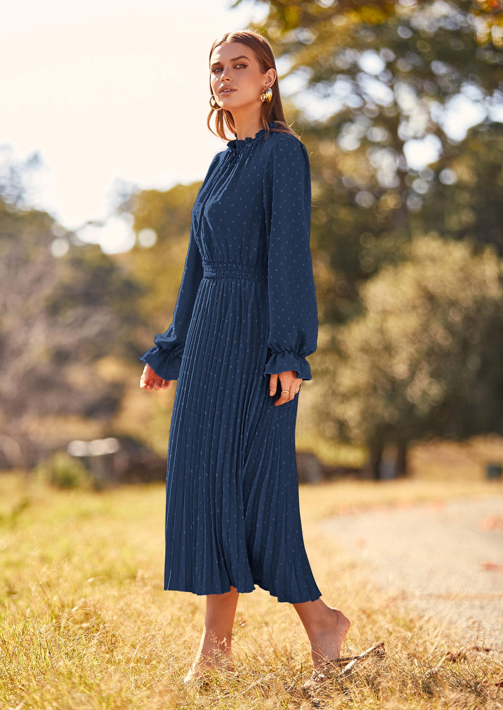 PRETTYGARDEN Women's Spring Fall Midi Dress Casual Long Sleeve V Neck Swiss Dot Pleated A Line Flowy Dresses