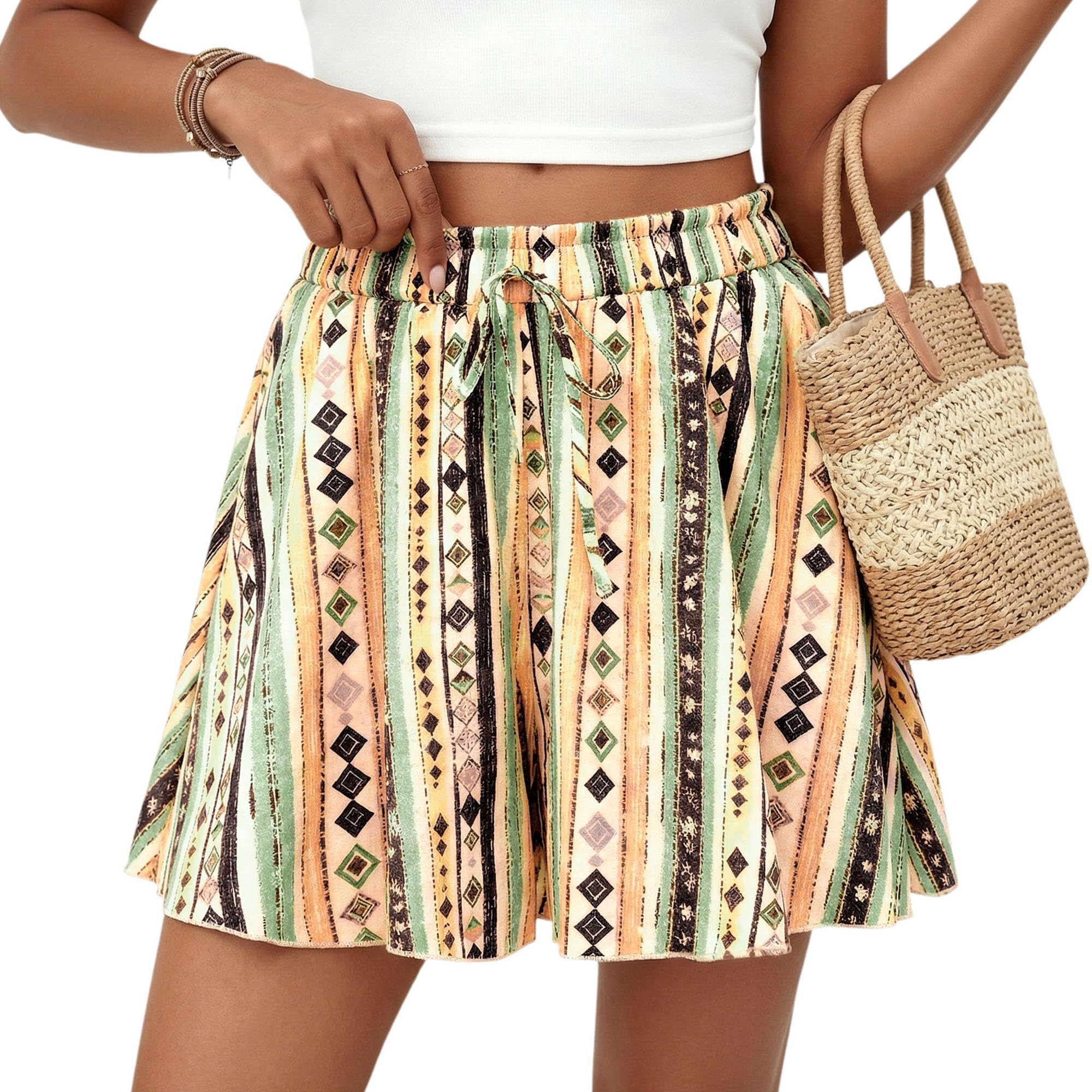 PRETTYGARDEN Women's Flowy Shorts Summer Fashion Beach Vacation Clothes Casual High Waist Wide Leg Ruffle Shorts