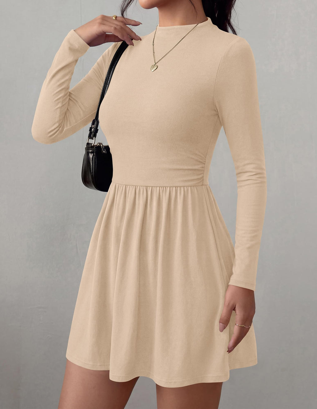 BTFBM Long Sleeve Dresses for Women Mock Neck A Line Flowy Mini Dress Swing Pleated Hem,Cocktail Party Club Holiday Going Out Outfits,Dressy Casual Winter,Trendy Early Fall Fashion Clothing