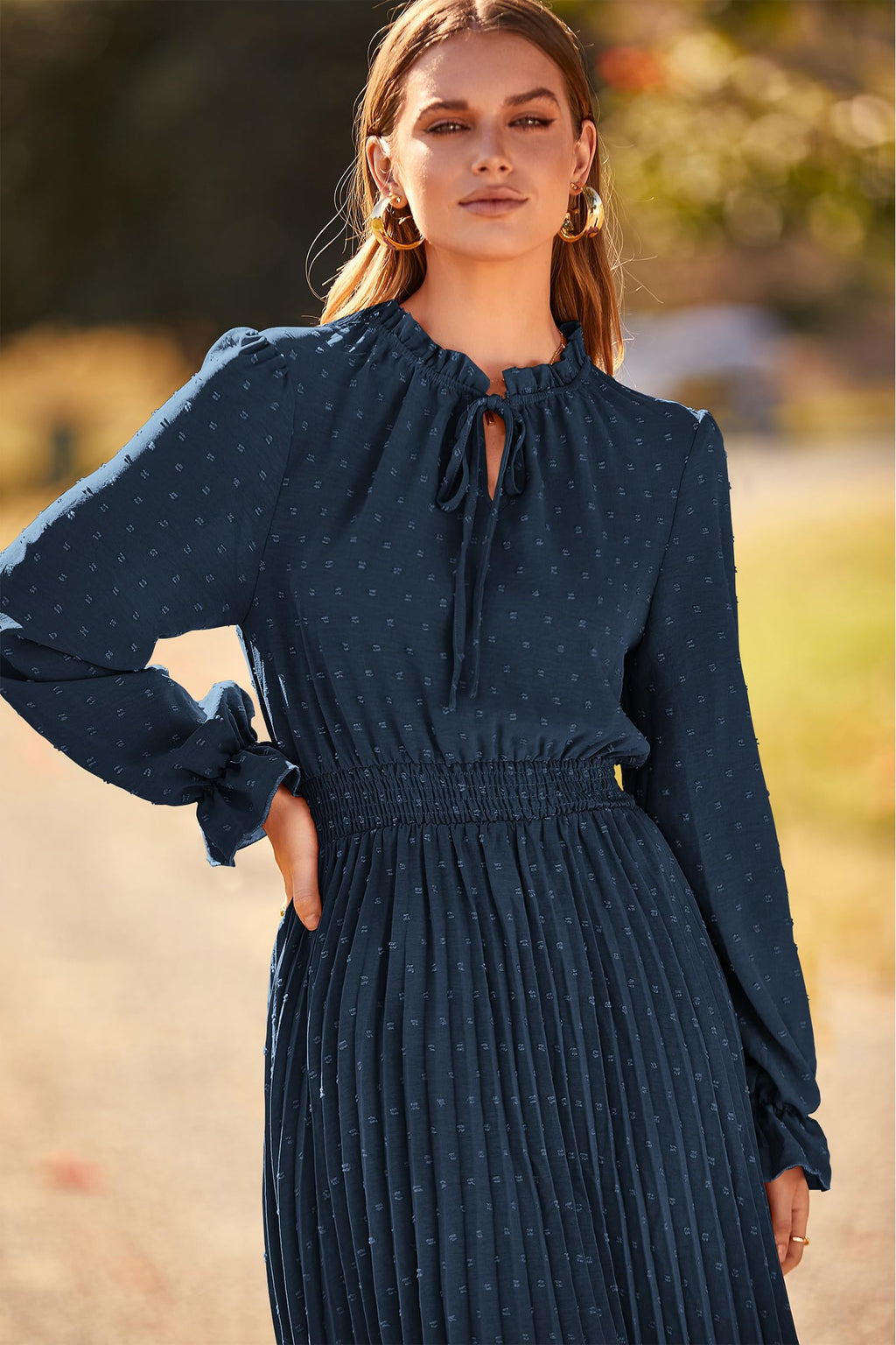 PRETTYGARDEN Women's Spring Fall Midi Dress Casual Long Sleeve V Neck Swiss Dot Pleated A Line Flowy Dresses