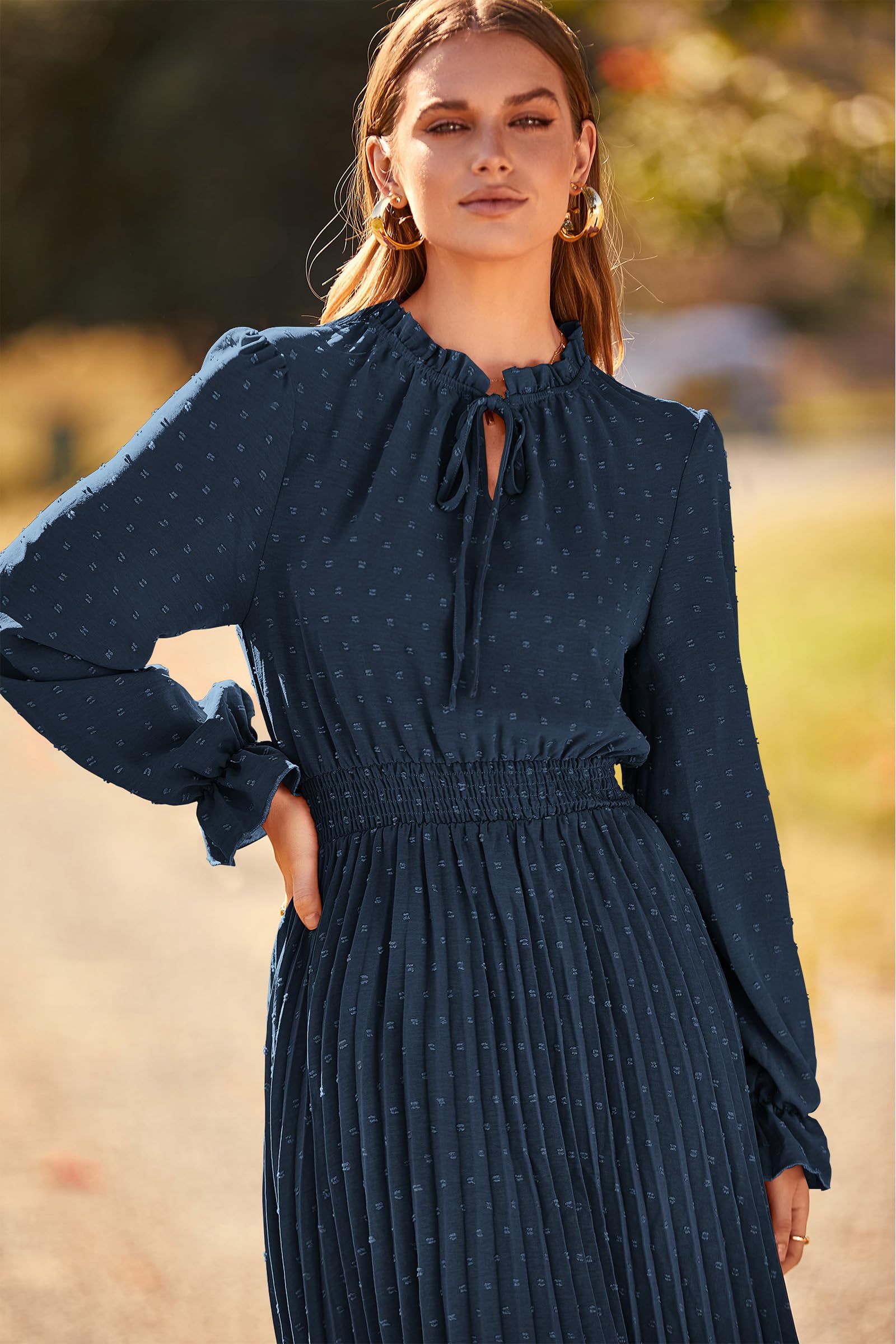 PRETTYGARDEN Women's Spring Fall Midi Dress Casual Long Sleeve V Neck Swiss Dot Pleated A Line Flowy Dresses