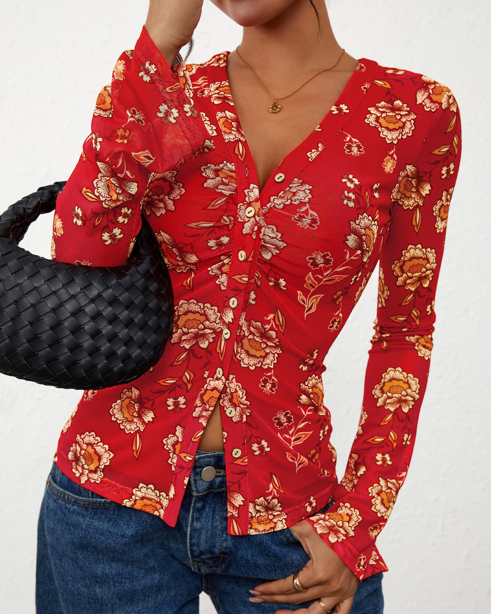 FreshPretty Button Down Shirts for Women Fall Fashion V Neck Long Sleeve Blouse Ruched Mesh Fitted Floral Print Boho Tops