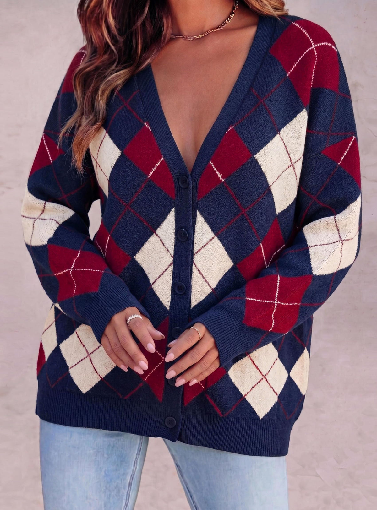 PRETTYGARDEN Women's Cardigan Argyle Winter Sweaters Cozy Warm Chunky Knit, Long Sleeve V Neck, Color Block Plaid, Button Up Pocket,Trendy Fall Jackets, Holiday Going Out Outfits