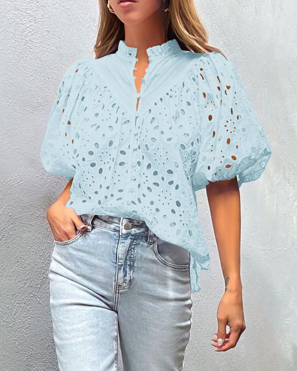 PRETTYGARDEN Women's Summer Tops Dressy Casual Short Sleeve V Neck Buttons Hollow Out Lace Embroidered Blouses Shirts