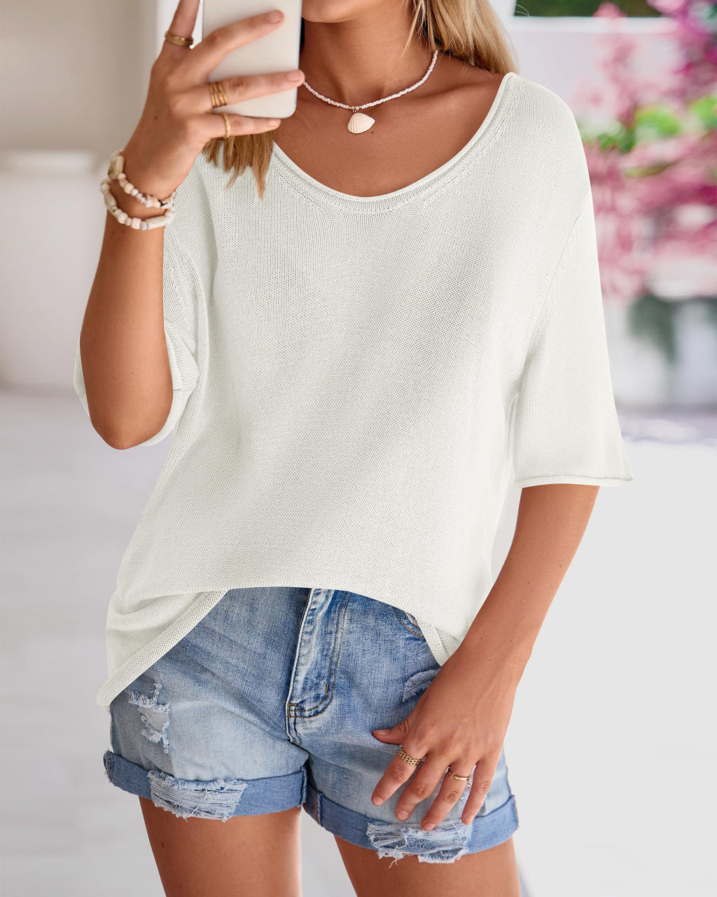 FreshPretty Sweaters for Women Summer Oversized Half Short Sleeve Knitted Pullover V Neck‌ Casual Loose Fit Spring Tops