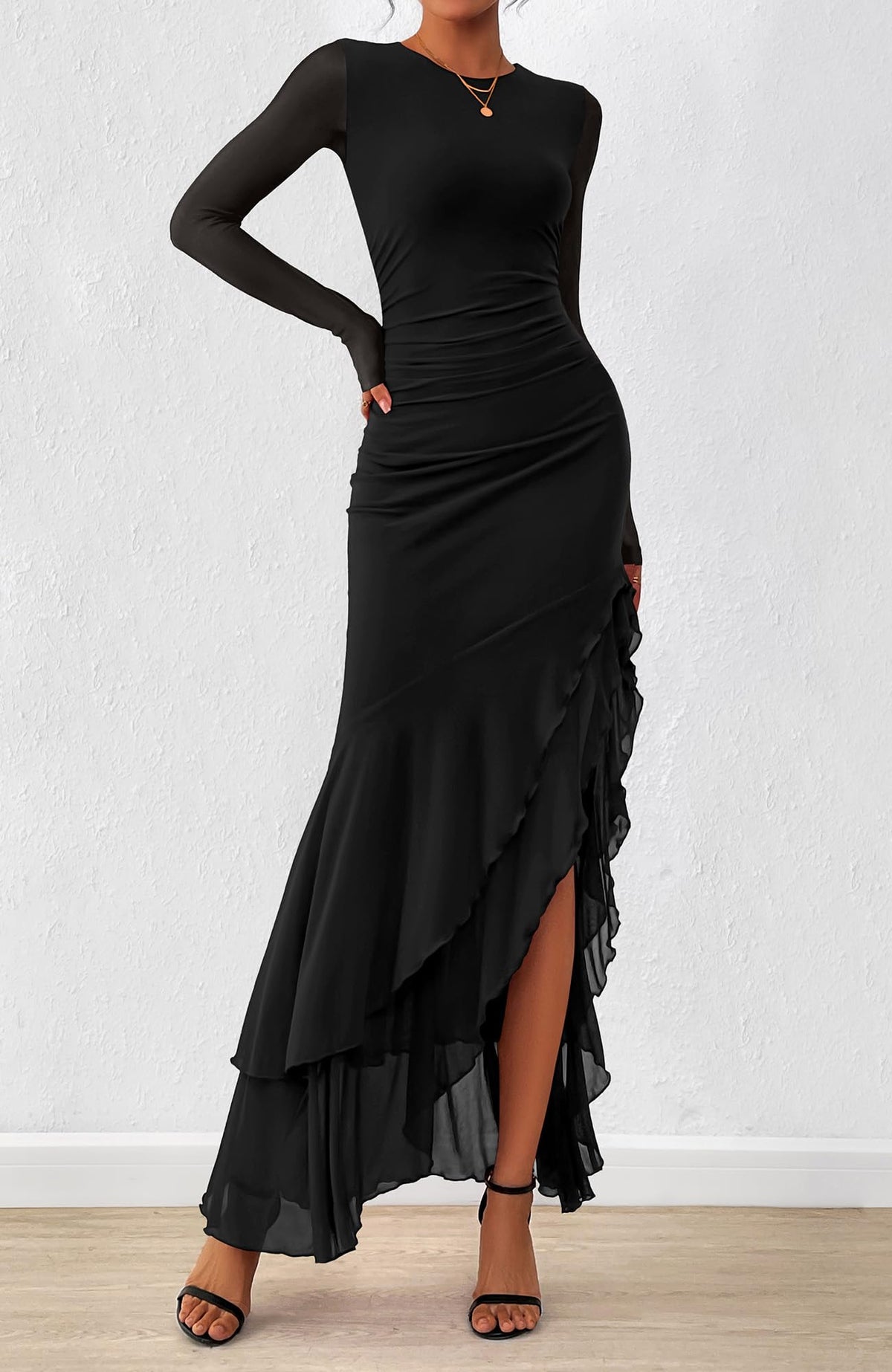 BTFBM Women's Maxi Dresses Fall Long Sleeve Wedding Guest Dress Mesh,Ruched,Bodycon,High Split,Solid Color,Ruffle, Mermaid,Cocktail Dresses,Prom,Party,Homecoming Dress,Fall Outfits