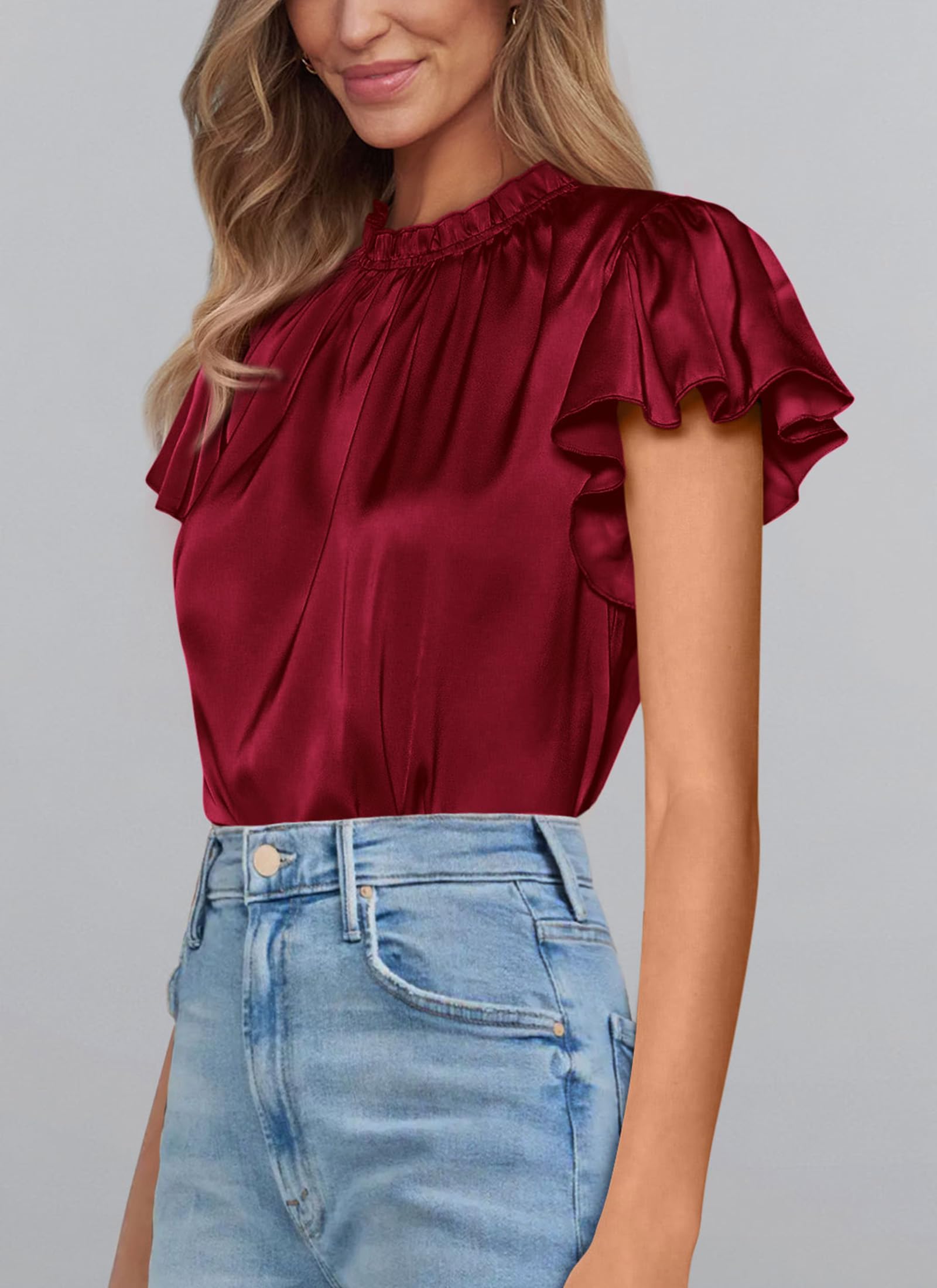 PRETTYGARDEN Business Casual Tops for Women Blouses Dressy  Summer Short Sleeve Ruffle Satin Work Office Attire