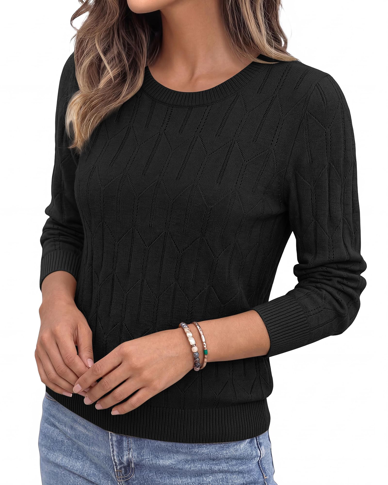BTFBM Womens Sweaters Long Sleeve Crewneck Pullover Tops Dressy Casual Lightweight Knit Sweater,Small Hollow Out Boho Shirts, Fall Fashion,Winter Layer Basic Clothes,Business Casual Outfits