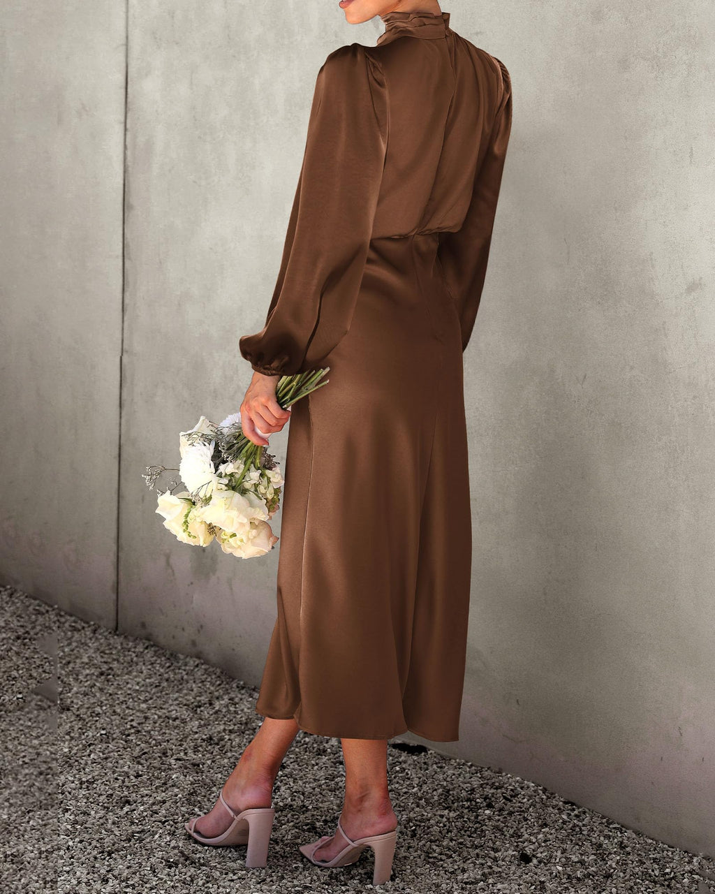 BTFBM Womens Mock Neck Satin Dress Spring Summer Long Sleeve Lightweight Formal Wedding Party Maxi Cocktail Dresses
