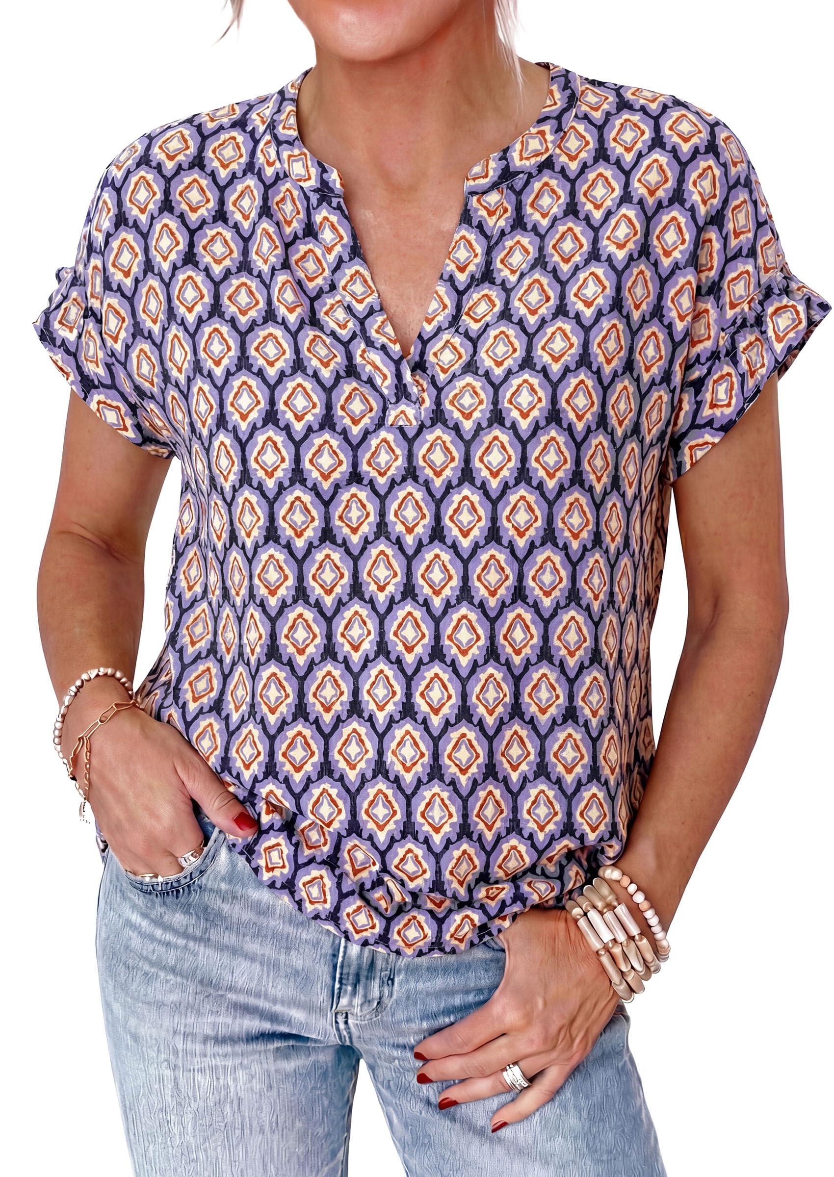 PRETTYGARDEN Womens Floral Print Short Sleeve Summer Tops Trendy V Neck Loose Boho Shirts Casual Work Blouses