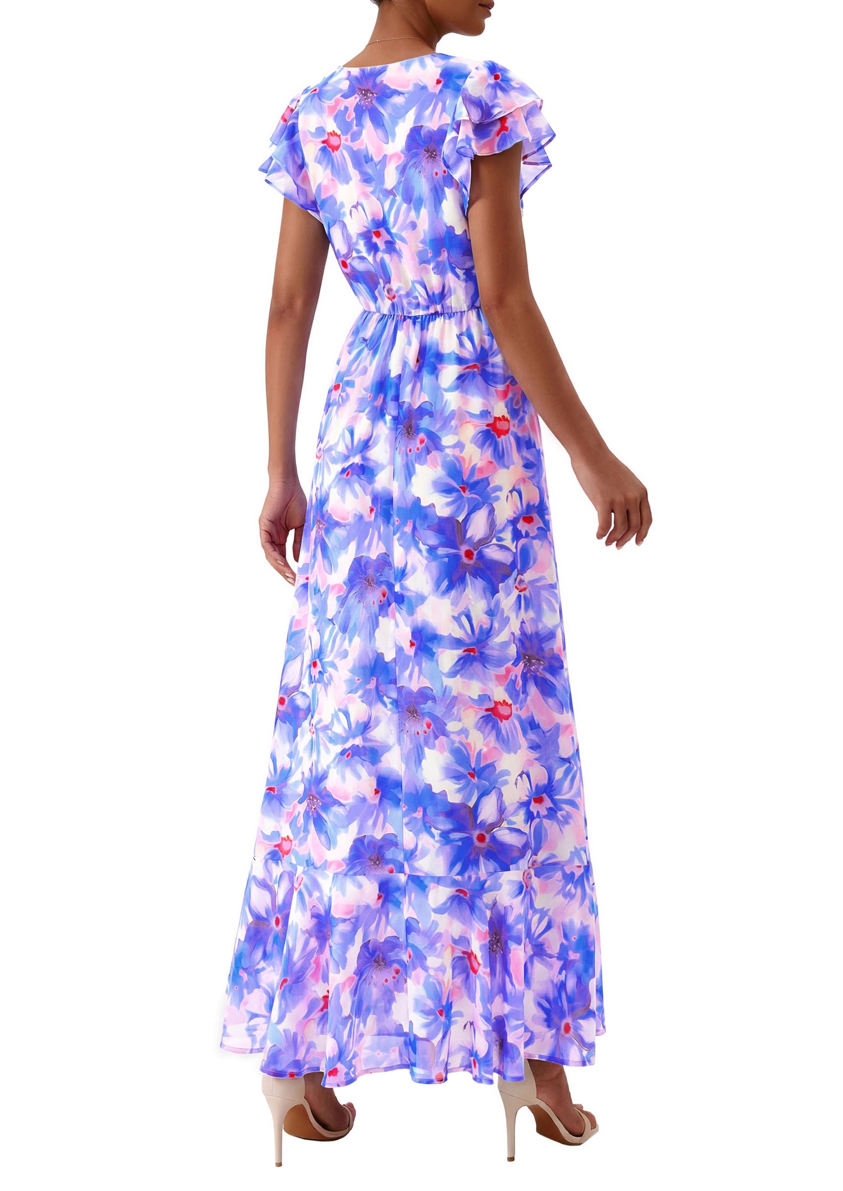 PRETTYGARDEN Womens Summer Floral Maxi Dresses Spring Short Sleeve Ruffle V Neck Flowy Boho Long Beach Vacation Sundress