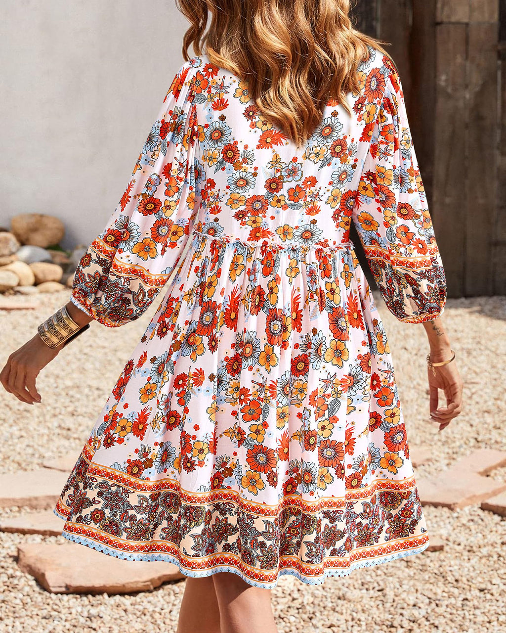 BTFBM Women Casual Spring Summer Dresses V Neck 3/4 Long Sleeve Ruffle Floral Flowy Boho Babydoll Mini Short Beach Dress