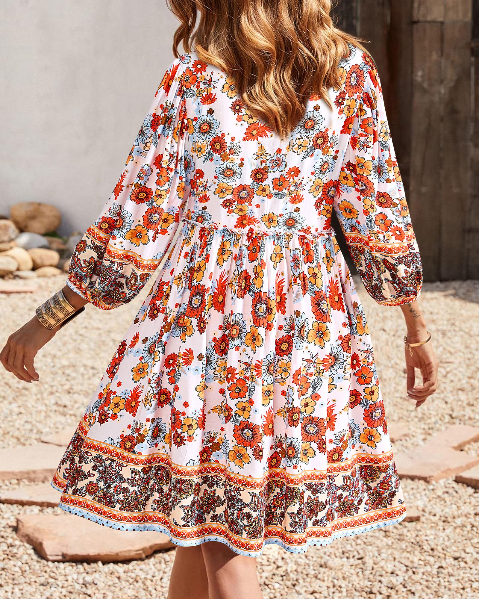 BTFBM Women Casual Spring Summer Dresses V Neck 3/4 Long Sleeve Ruffle Floral Flowy Boho Babydoll Mini Short Beach Dress