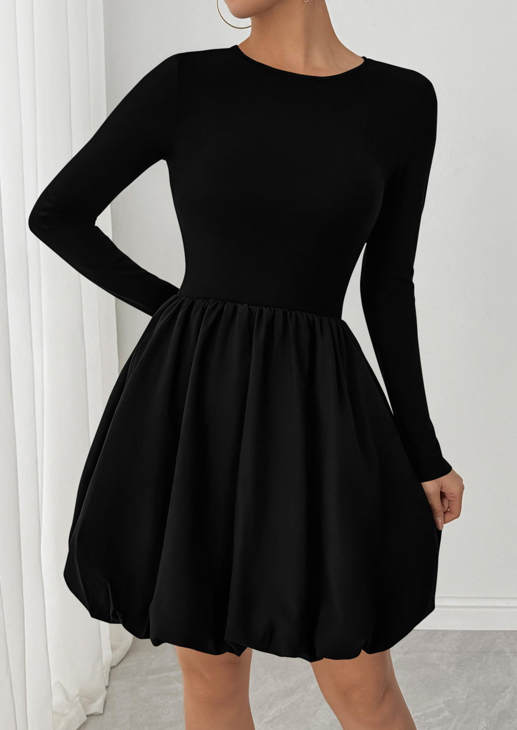 PRETTYGARDEN Fall Dresses for Women Casual Long Sleeve Bubble Cute Crew Neck A Line Mini Short Dress with Pockets