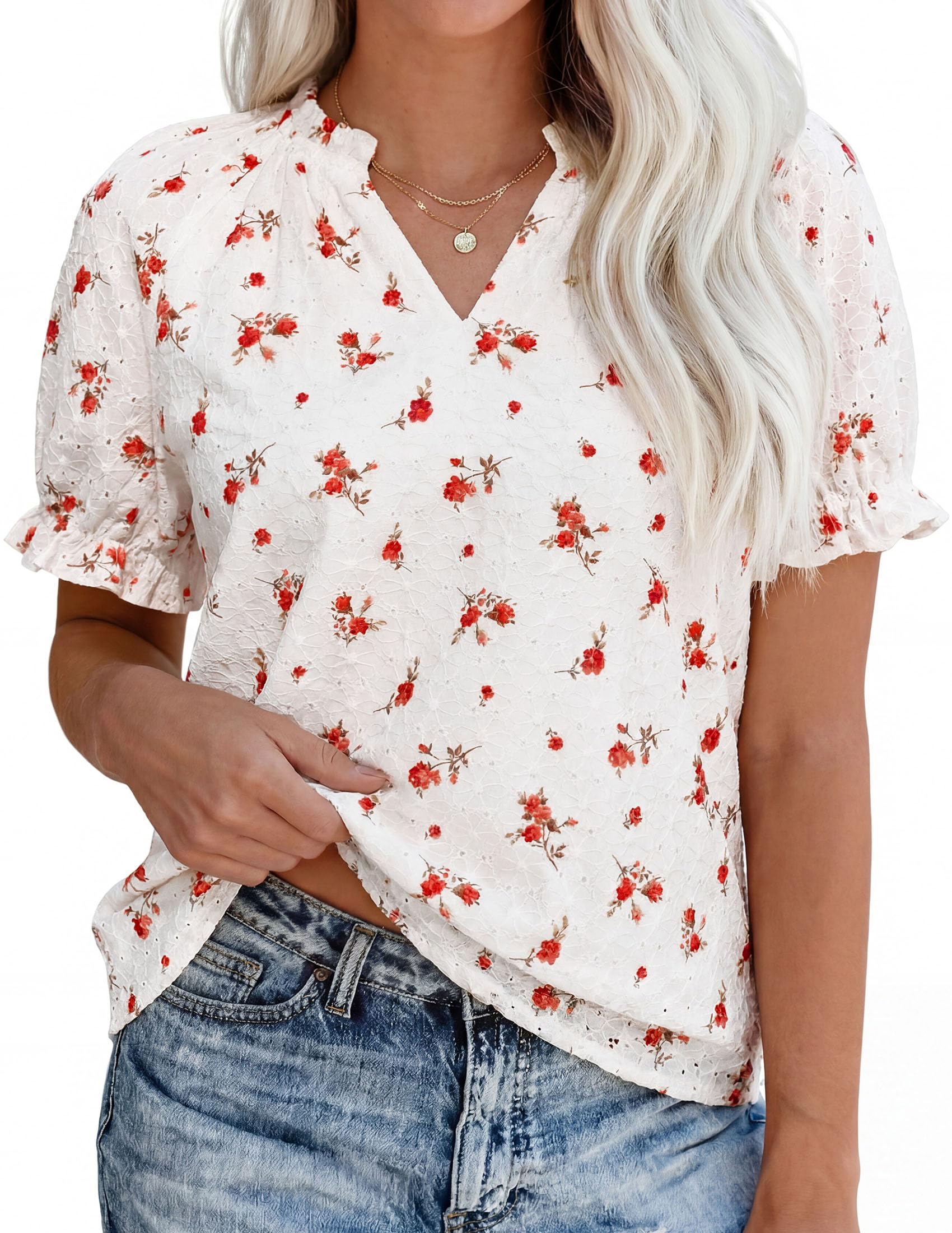 PRETTYGARDEN Summer Short Sleeve V Neck Shirts for Women Trendy Floral Print Loose Ruffle Tops Business Casual Blouses