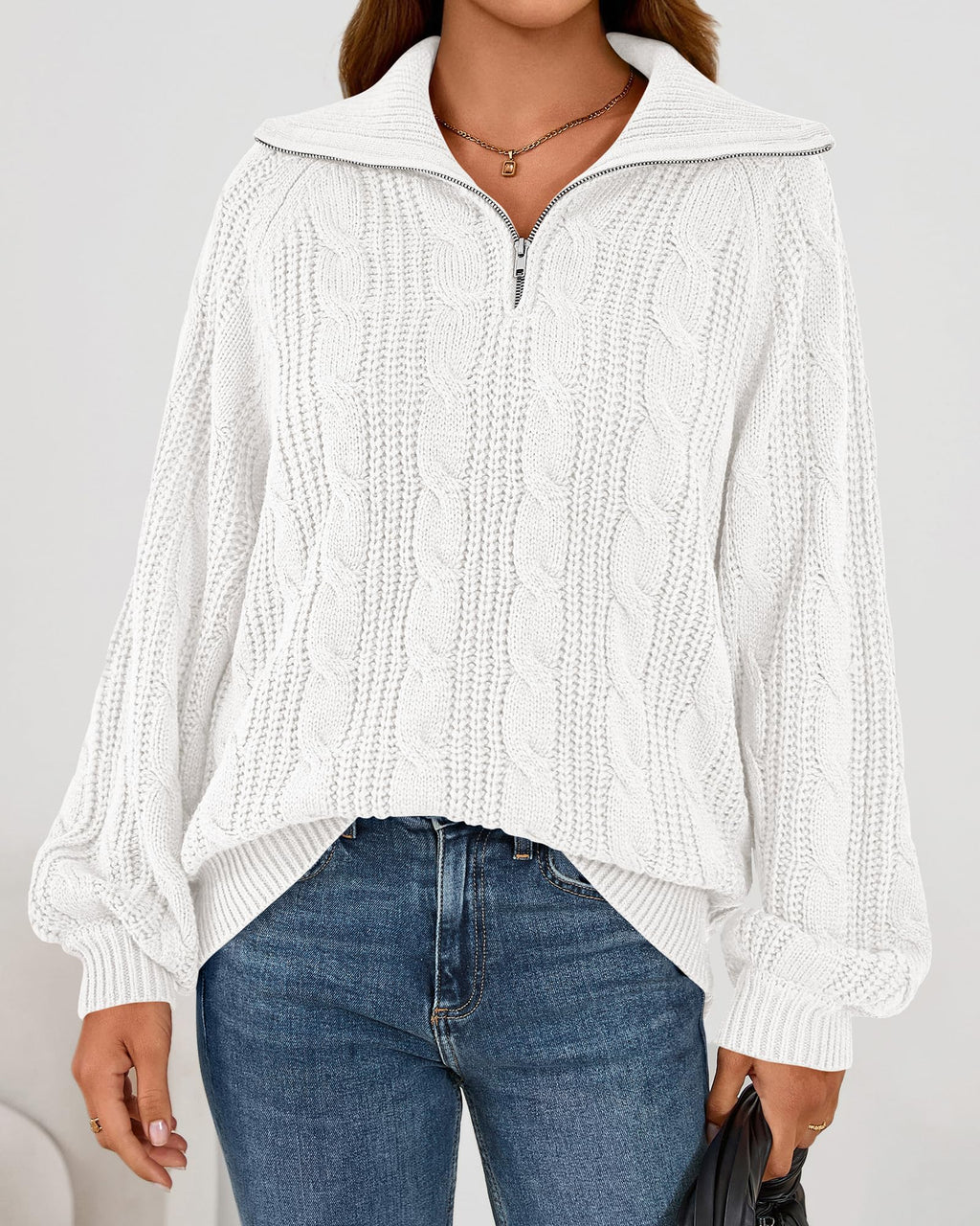 BTFBM Sweaters for Women Fall Fashion Loose Quarter Zip Pullover Collared Long Sleeve Cable Knit Winter Clothes