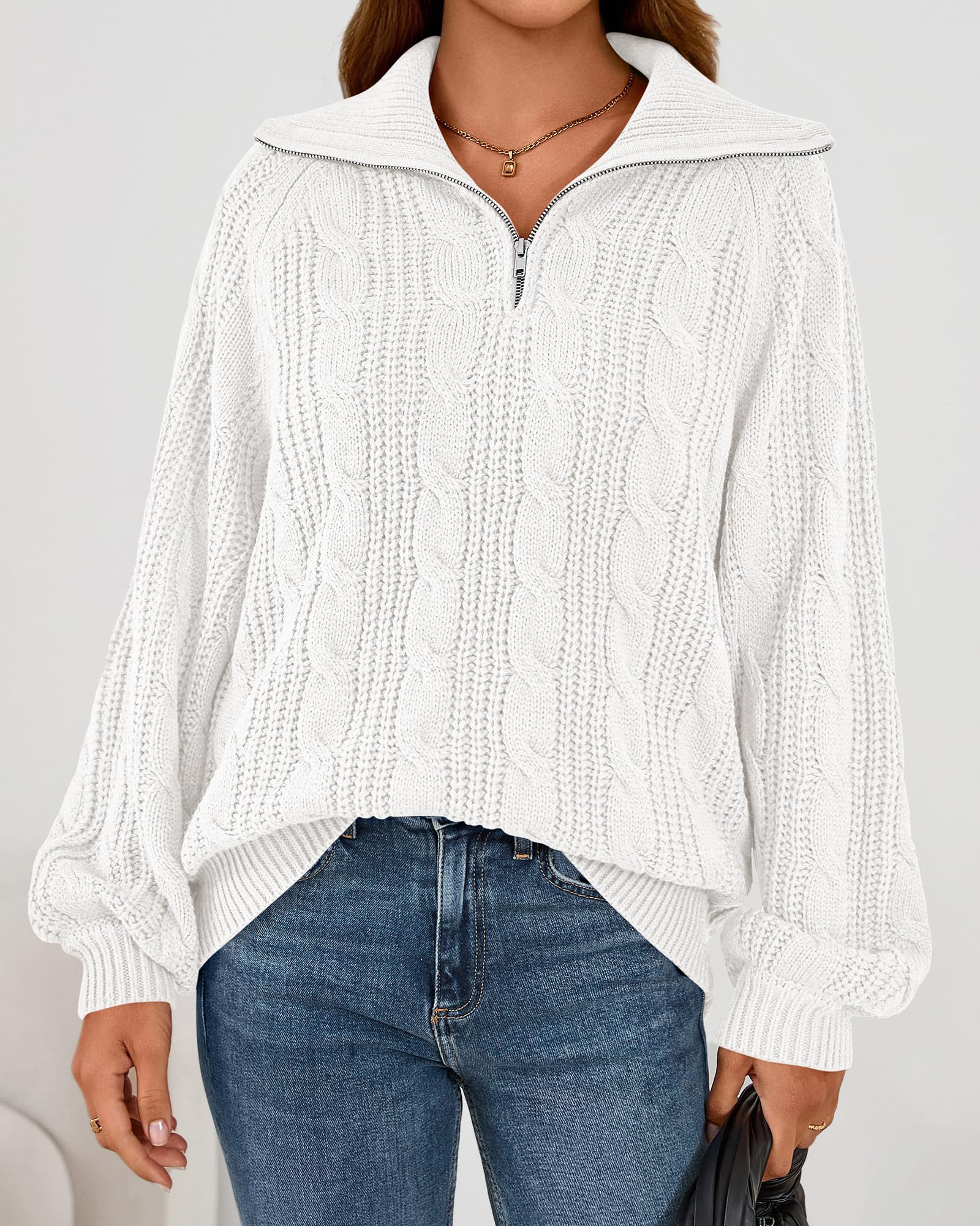 BTFBM Sweaters for Women Fall Fashion Loose Quarter Zip Pullover Collared Long Sleeve Cable Knit Winter Clothes